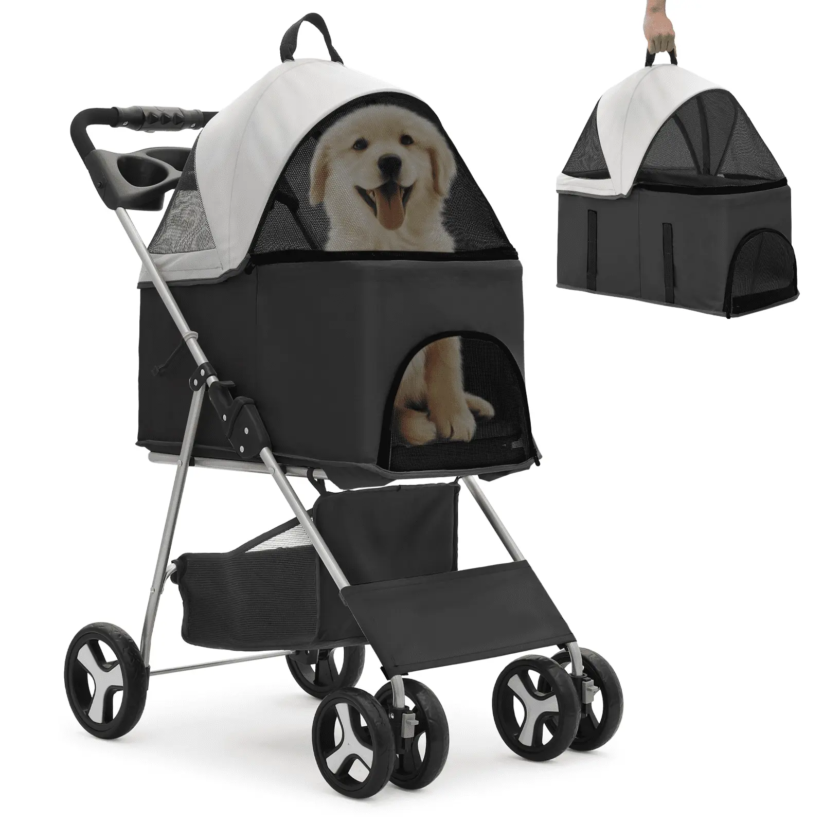 MoNiBloom 4 Wheel Foldable Dog Pet Stroller with Detachable Storage Basket. Black