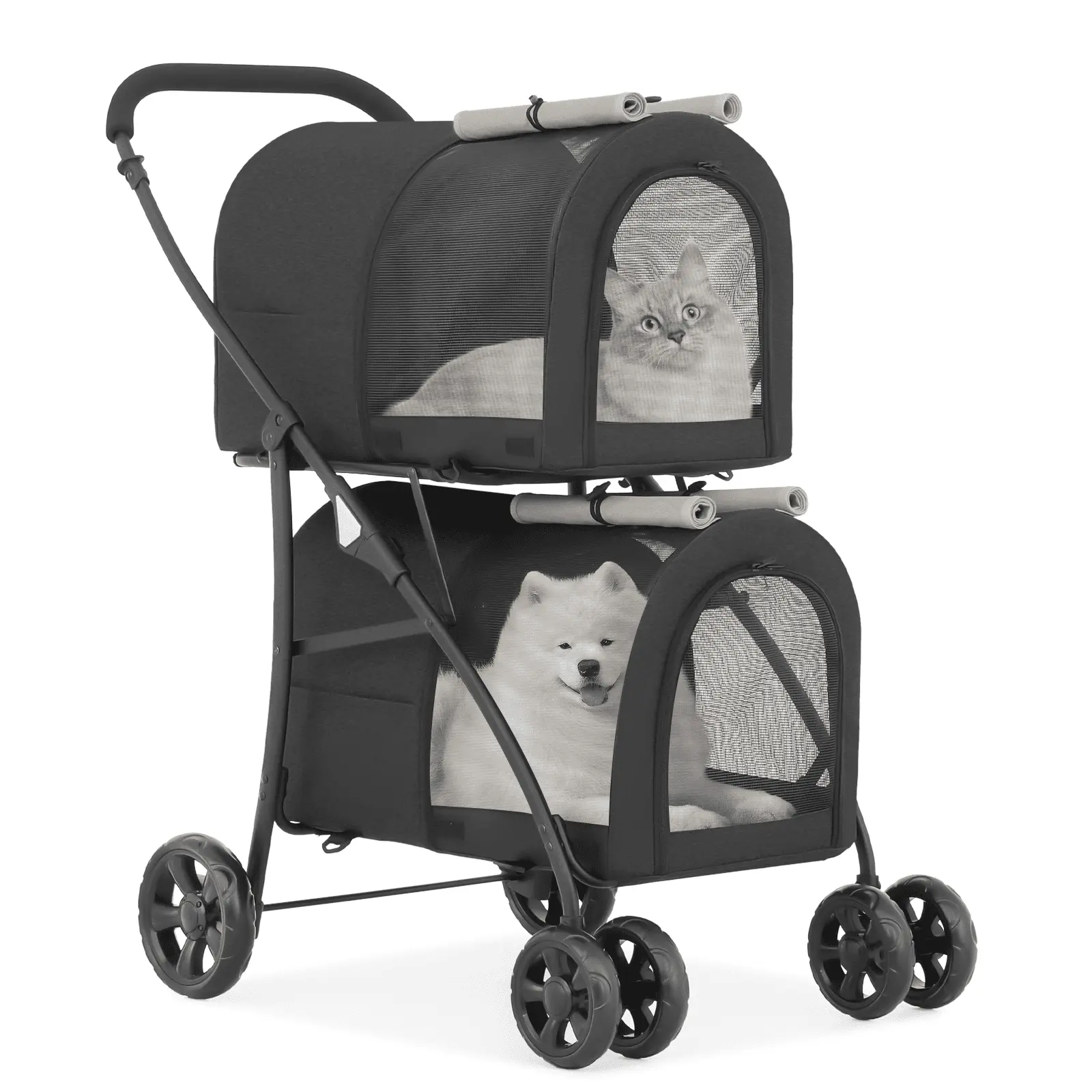 MoNiBloom 4 in 1 Double Pet Stroller. Foldable Cat Stroller for 2 Cats/Dogs with Detachable Carrier Bags & Rear Brakes. Black/Gray