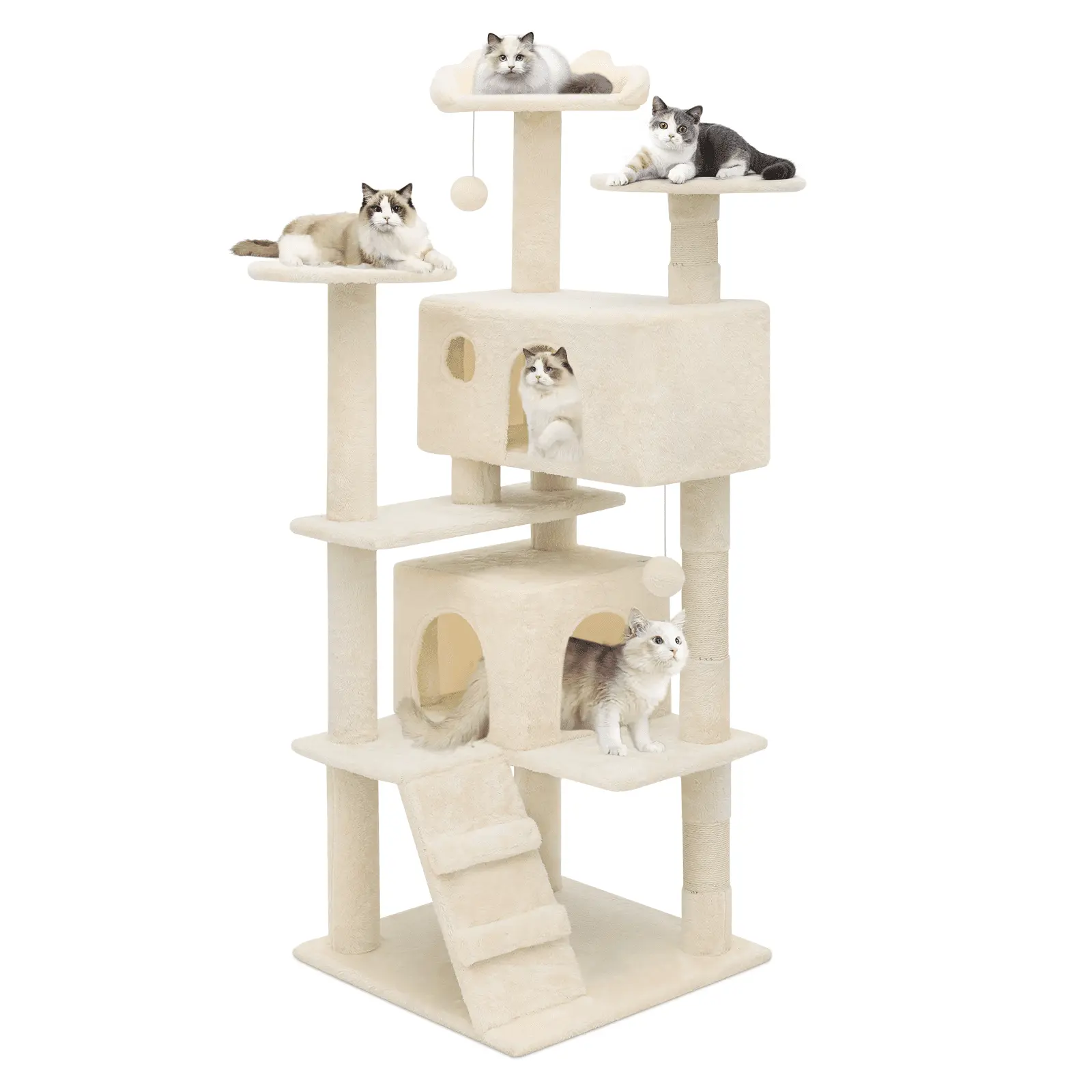 MoNiBloom 54.5 Inches Cat Tree/Multilevel Cat Tower with Double Condos. 3 Perch. Fully Wrapped Scratching Sisal Post. Beige