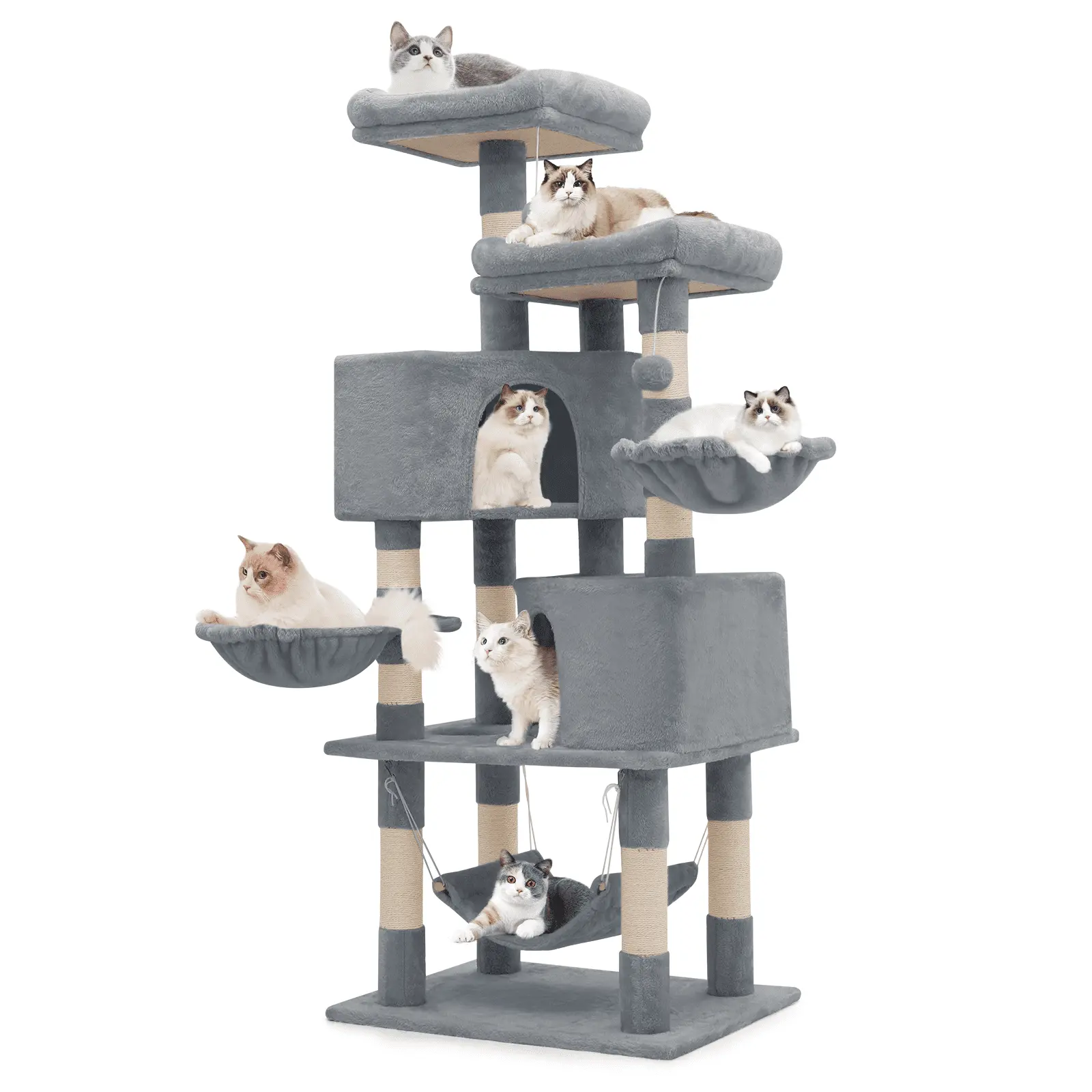 MoNiBloom 57.5 Cat Tree Tower & Cat Condo Scratching. Multi-Level Plush Cat Condo with Ball Toy. Light Gray