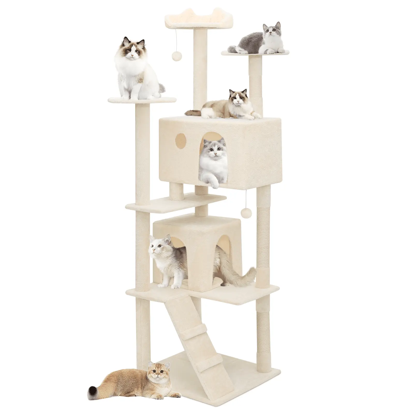 MoNiBloom 77-in Cat Tree & Kittens Play House. Multi-Level Plush Cat Condo for Indoor Cats. Beige