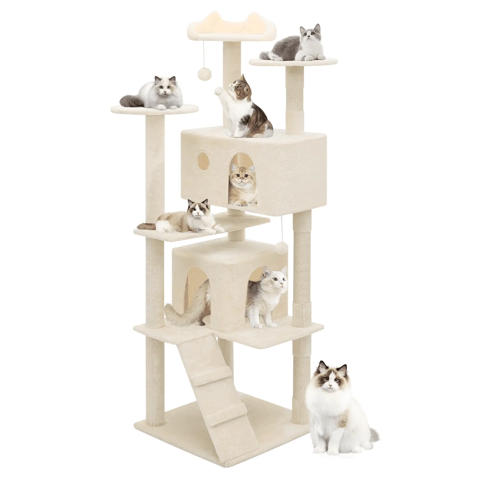 MoNiBloom Cat Tree House. 70 Kittens Pet Play House with Cat Caves and Sisal Scratching Posts. Gentle Ramp. Beige