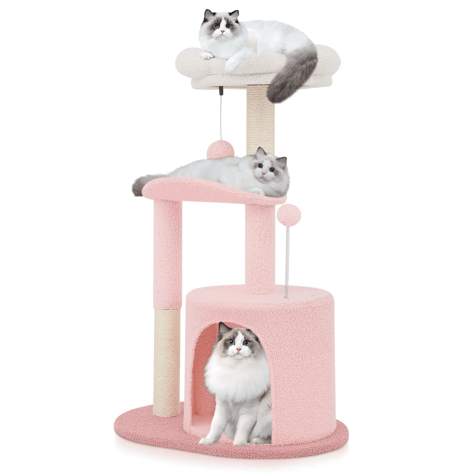 MoNiBloom Cat Tree Pink Condo with White Scratching Posts. Curced Platform. white flower Top Perch and Cat Cave. 33 inch