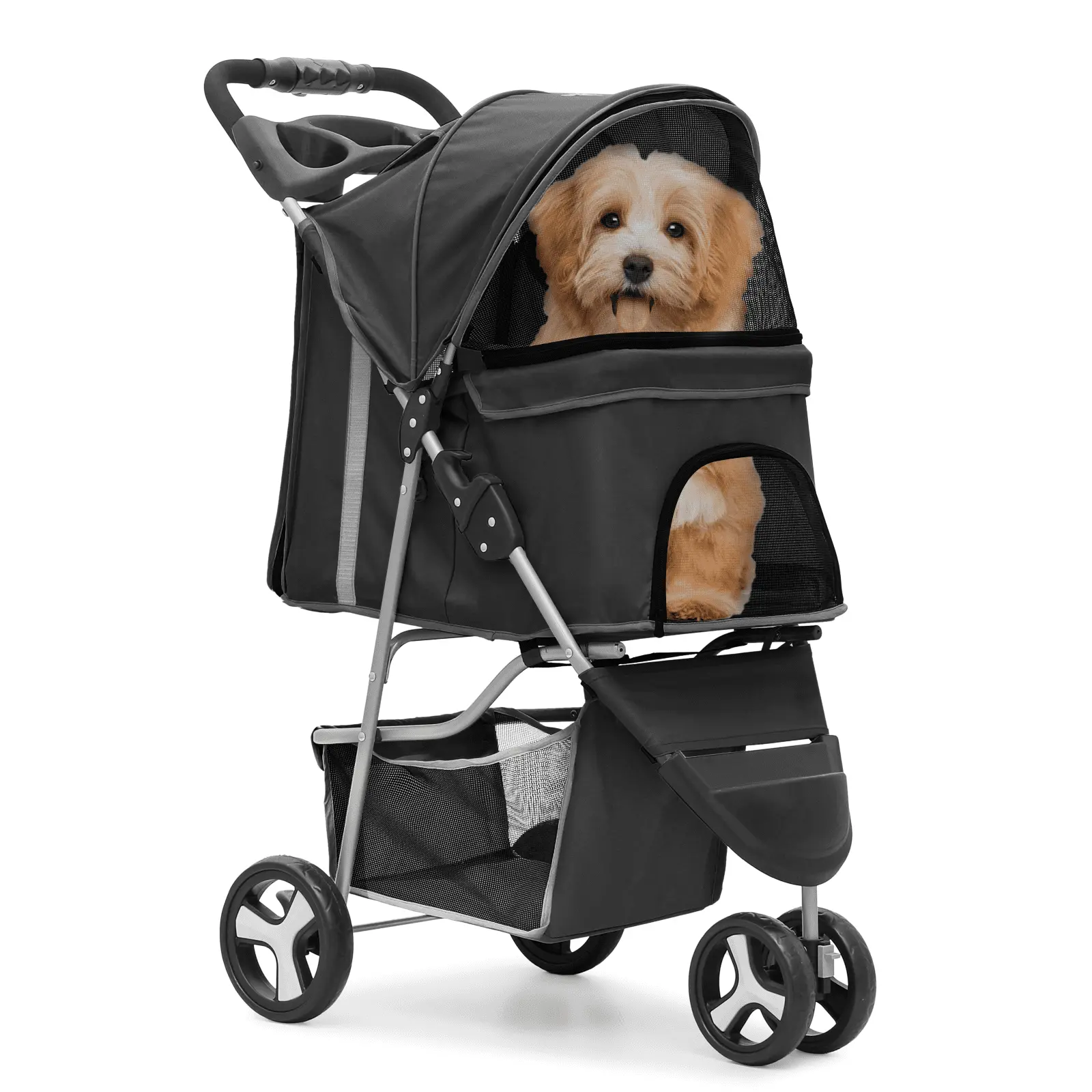 MoNiBloom Pet Dog Stroller. 3 Wheels Foldable Dog Cat Strollers with Storage Basket and Cup Holder for Small and Medium Cats. Dogs. Puppies. Black