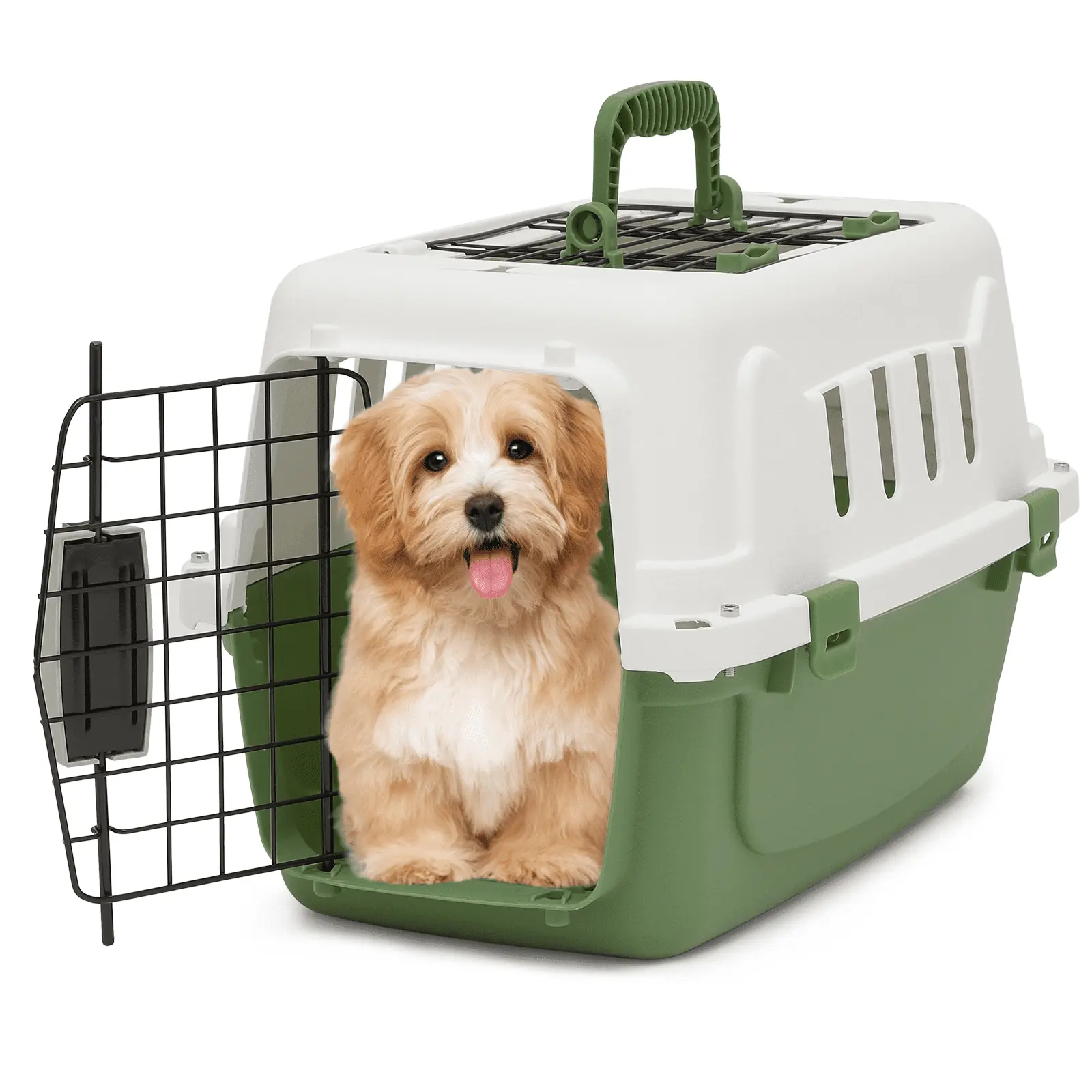 MoNiBloom Two-Door Small Medium Dog Kennel & Cat Kennel. Top or Front Load Pet Carrier. 18'' Length (White & Forest Green)