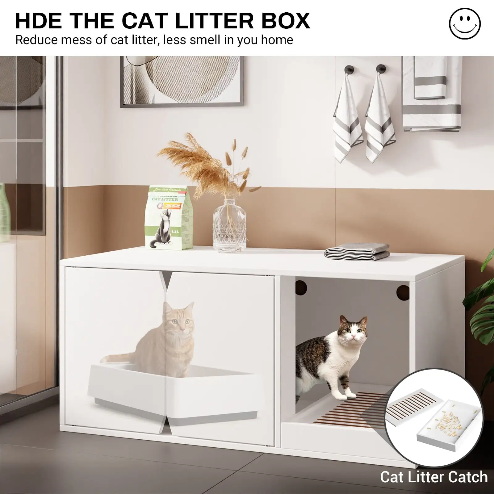 Modern Wood Pet Crate Cat Washroom with Scratch Pad.Stackable - 36L x 20.5W x 16.9H White