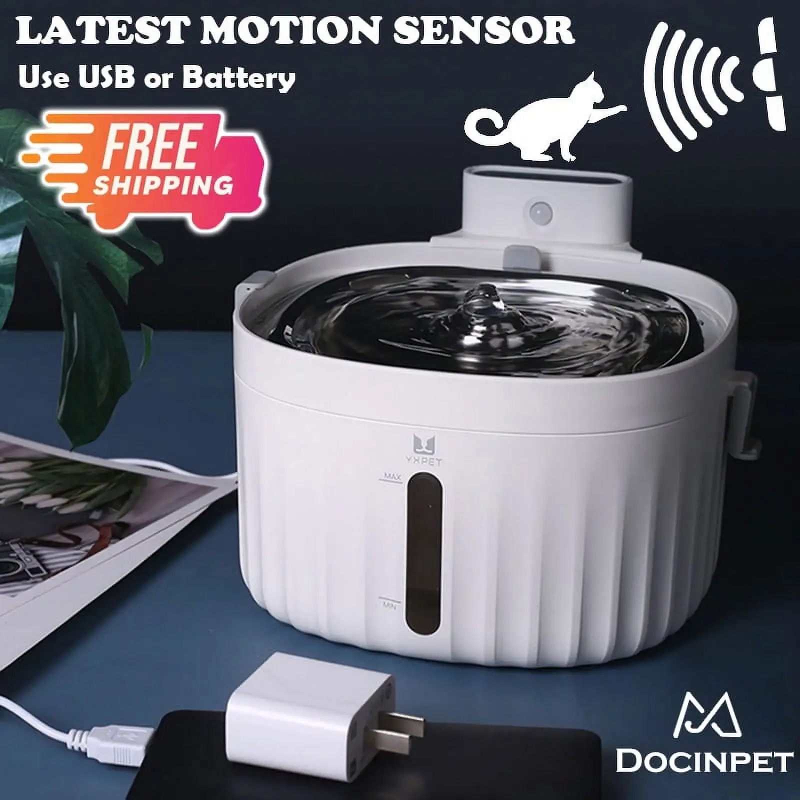 Motion Sensor Wireless Automatic 2L Cat Water Fountain Replaceable Filtration Use USB Cable or Battery.Ultra-Quiet Pump for CatsDogs.Multiple Pets