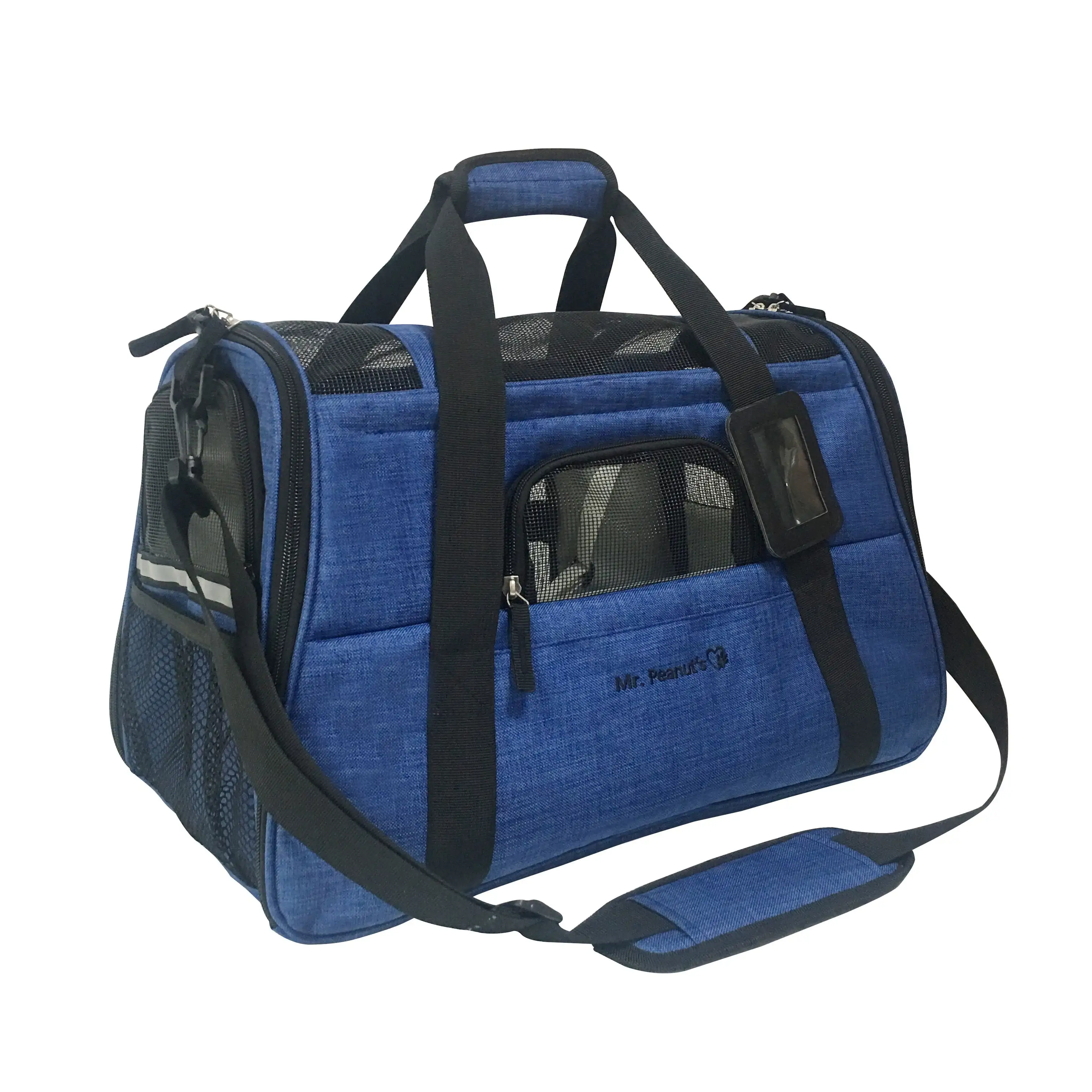 Mr. Peanut's Airline Approved Soft Sided Pet Carrier. two-tone luxury travel tote with fleece bedding. under seat compatibility. perfect for cats and small dogs (deja blue)