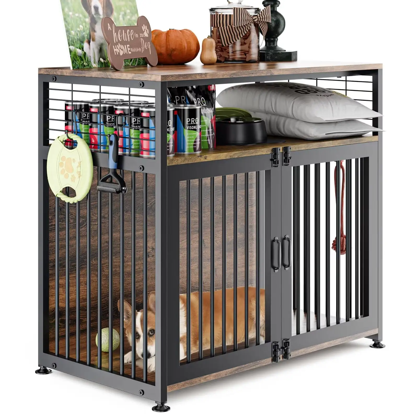 NAIZEA Dog Crate Furniture Style. 33 inch Dog Crate Furniture Large Breed with Double Doors. Wooden Dog Cage for Small/Medium Dog Indoor. Brown