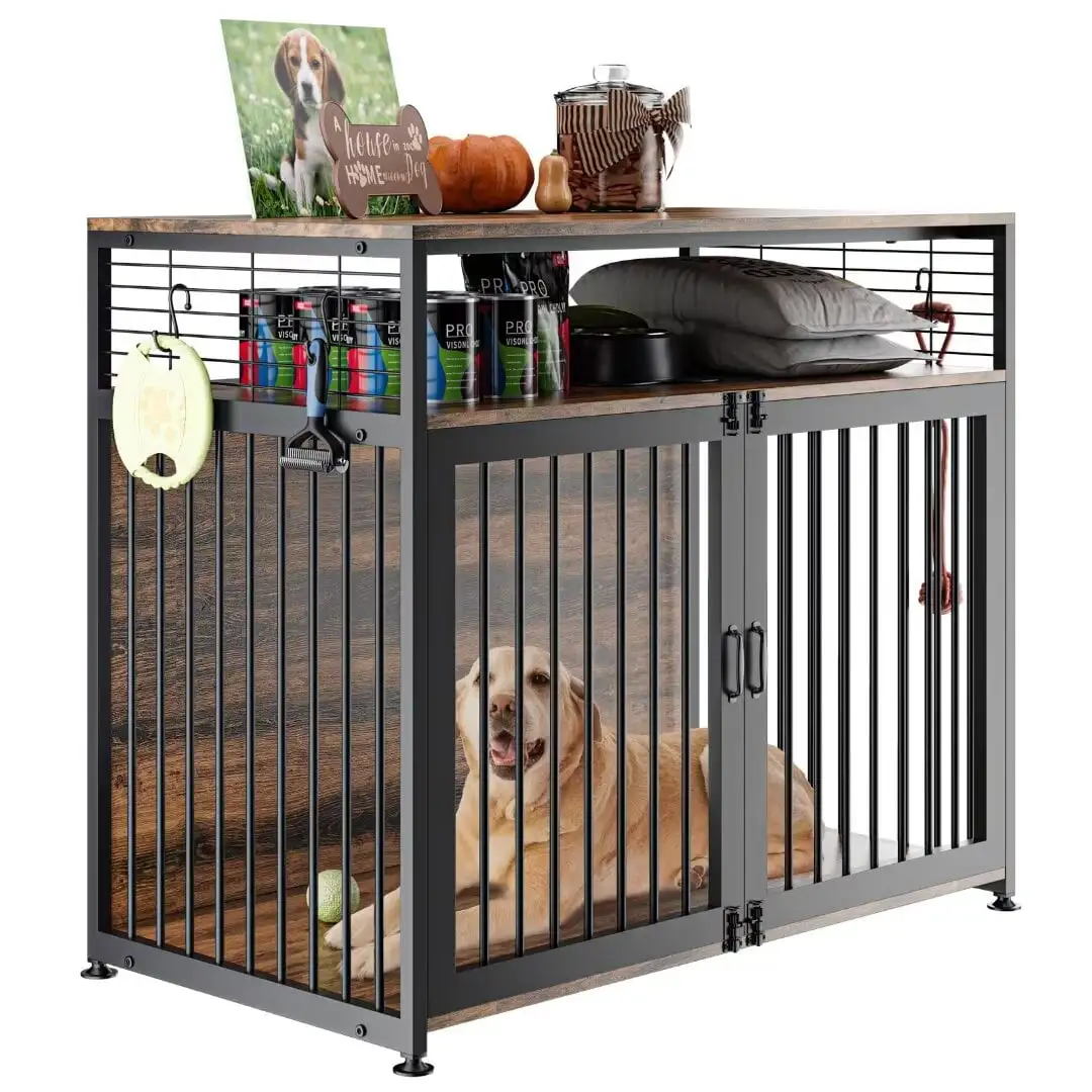 NAIZEA Dog Crate Furniture Style with Storage. 41 Dog Crate Furniture Large Breed with Double Doors. Wooden Dog Cage for Small/Medium/Large Dog Indoor. Rustic Brown