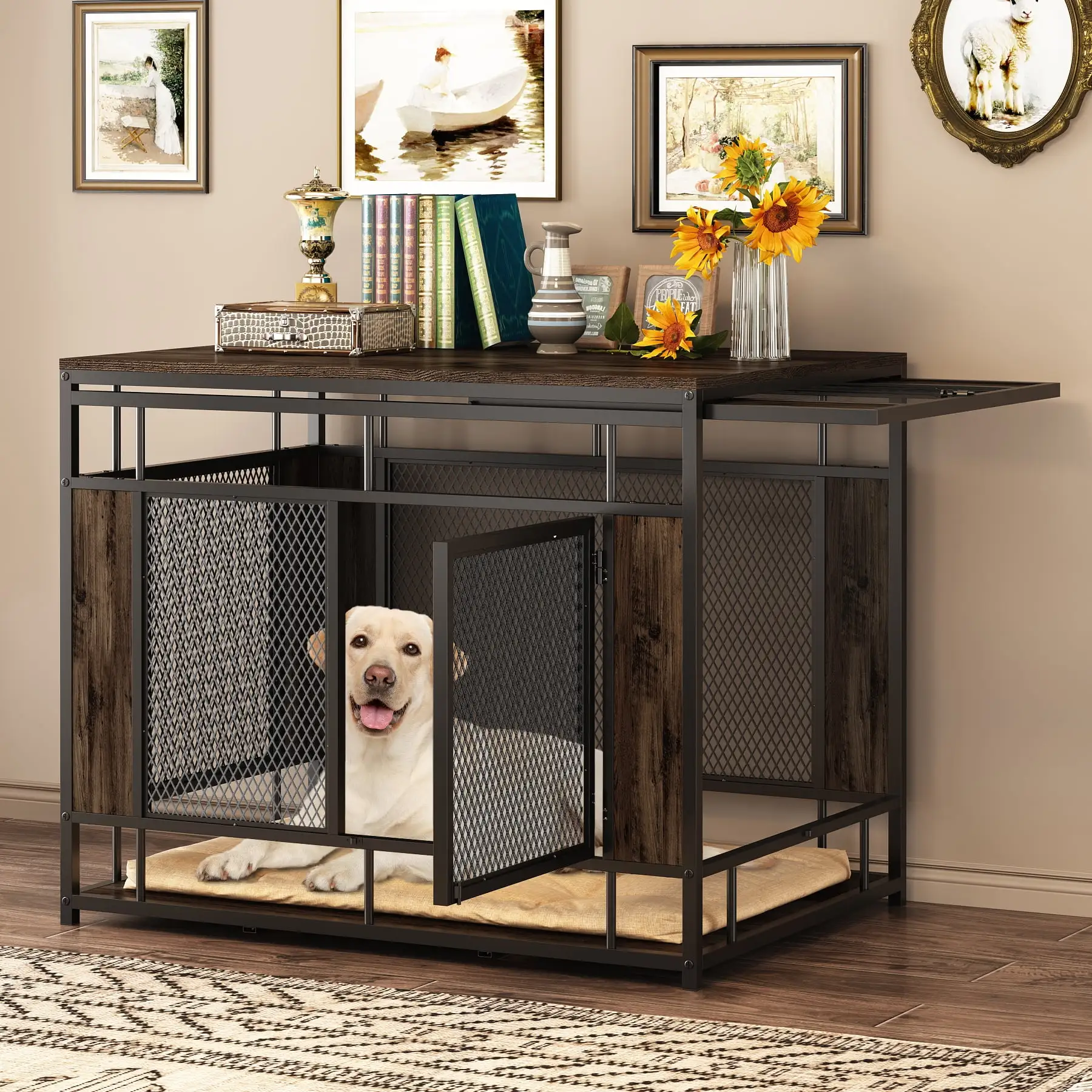 NARTRU 39.4 Wooden Dog Kennel. Heavy Duty Extra Dog Crate Furniture for Small Medium Dog. Walnut & Black