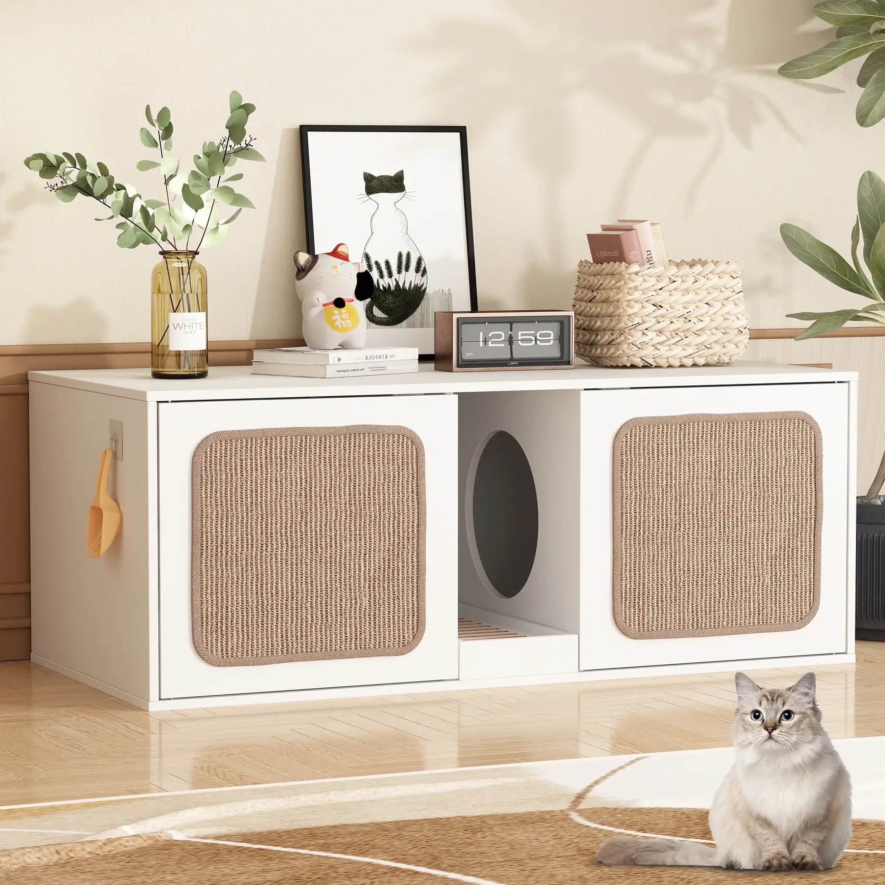 NARTRU 43.3 Hidden Cat Litter Box Enclosure Furniture Cabinet with Sisal Scratching Pads. Litter Filter for 2 Cats. White