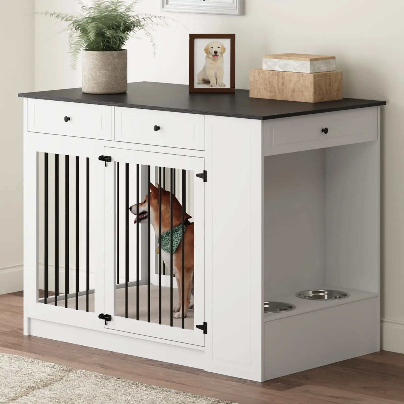 NARTRU 55 Large Wooden Dog Crate Kennel Furniture with 2 Dog Bowls and Drawers for Small. Medium and Large Dog. White