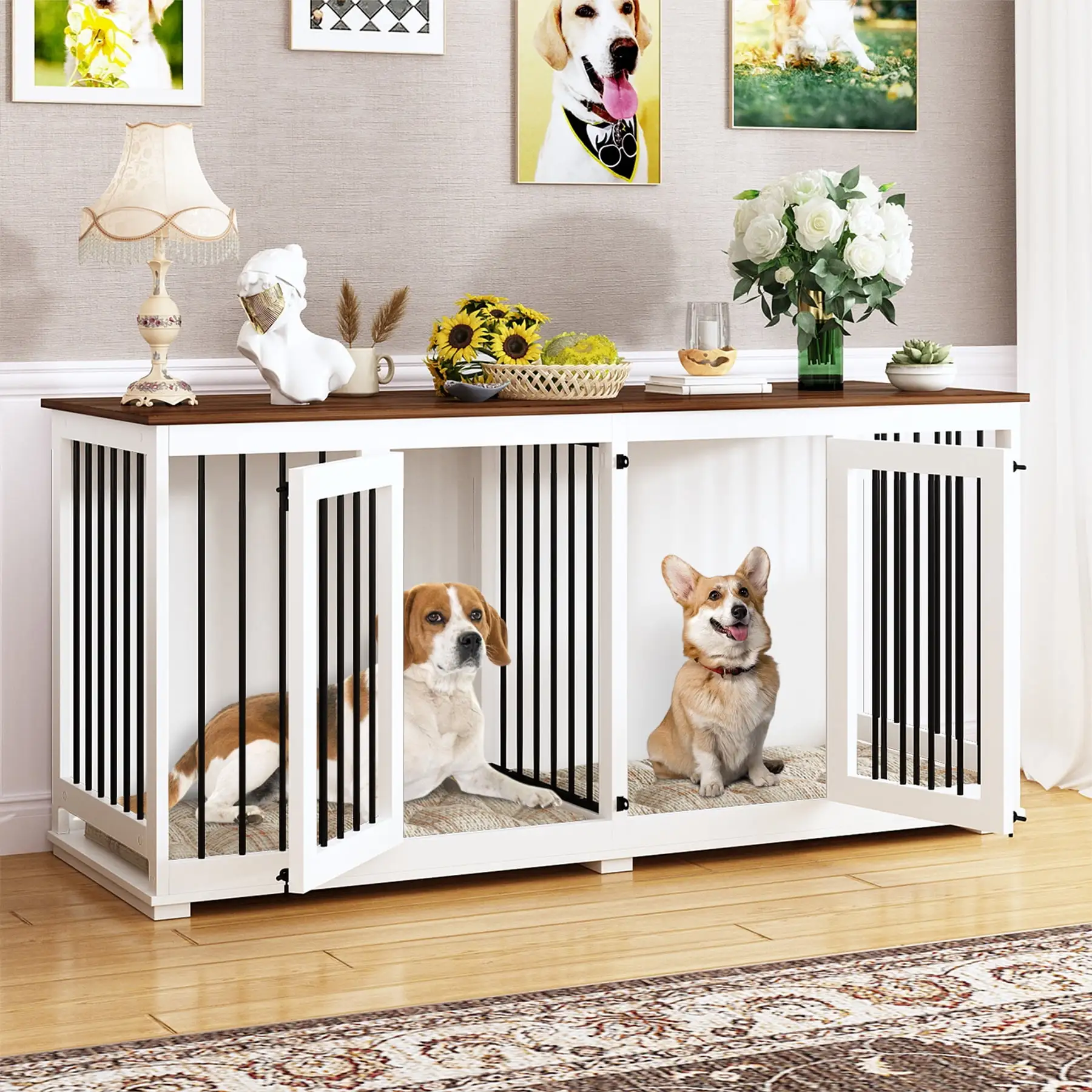 NARTRU 63 Large Double Dog Crate Kennel Furniture with Divider for Small Medium Large Dogs Indoor. White