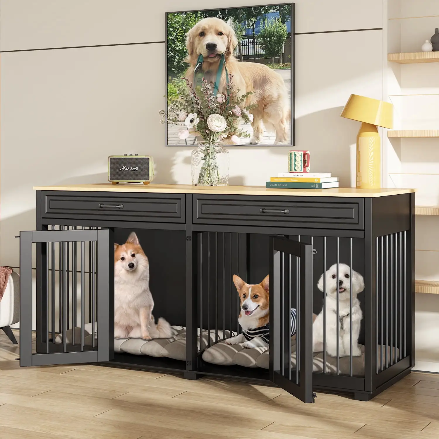 NARTRU 64.6 Large Double Dog Crate Kennel Furniture with Divider and 2 Drawers for 2 Small or Medium Dogs Indoor. Black