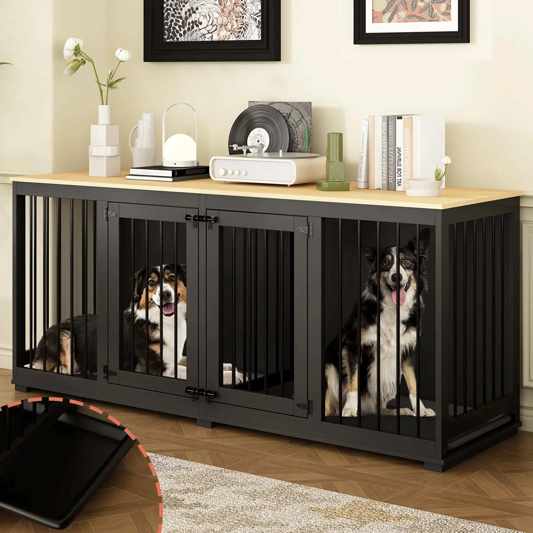 NARTRU 70.9 Large Double Dog Crate Kennel Furniture with Removable Trays and Divider for Small Medium Large Dogs Indoor. Black