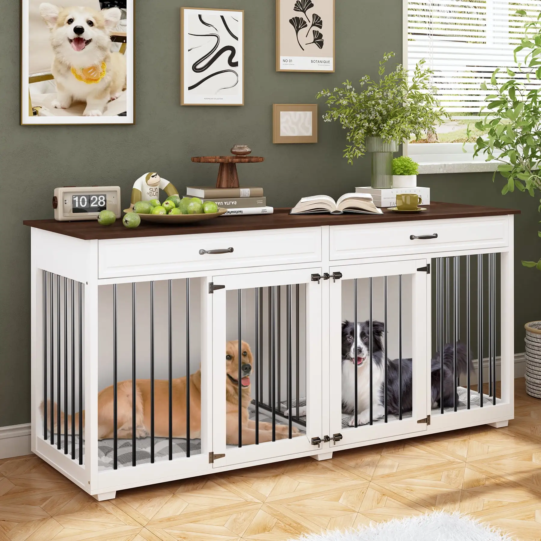 NARTRU 72.4 Large Double Dog Crate Furniture with Divider and 2 Drawers for 2 Medium or Large Dogs