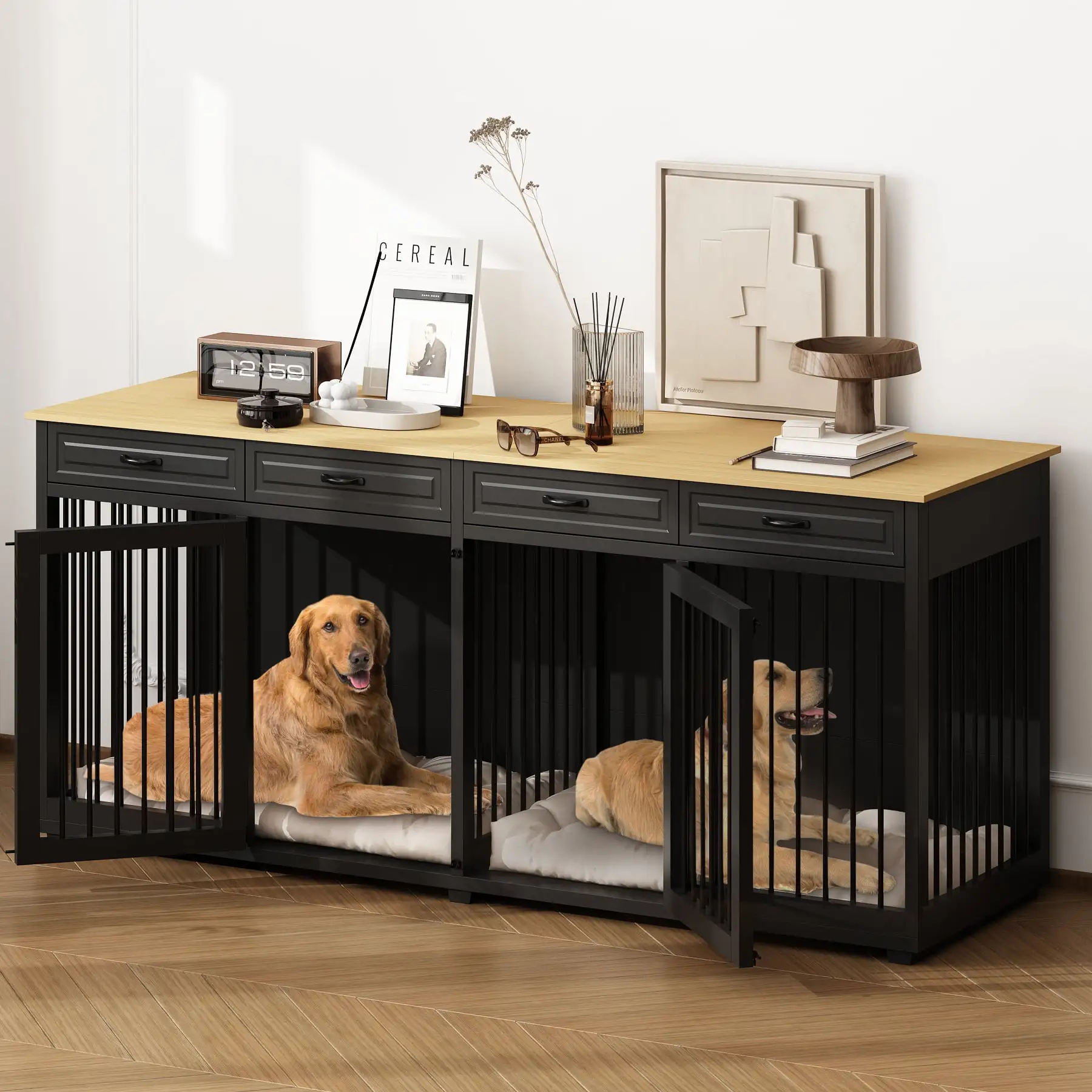 NARTRU 86.6 Large Dog Crate Kennel Furniture with 4 Drawers and Dividers for Large Dogs. Black