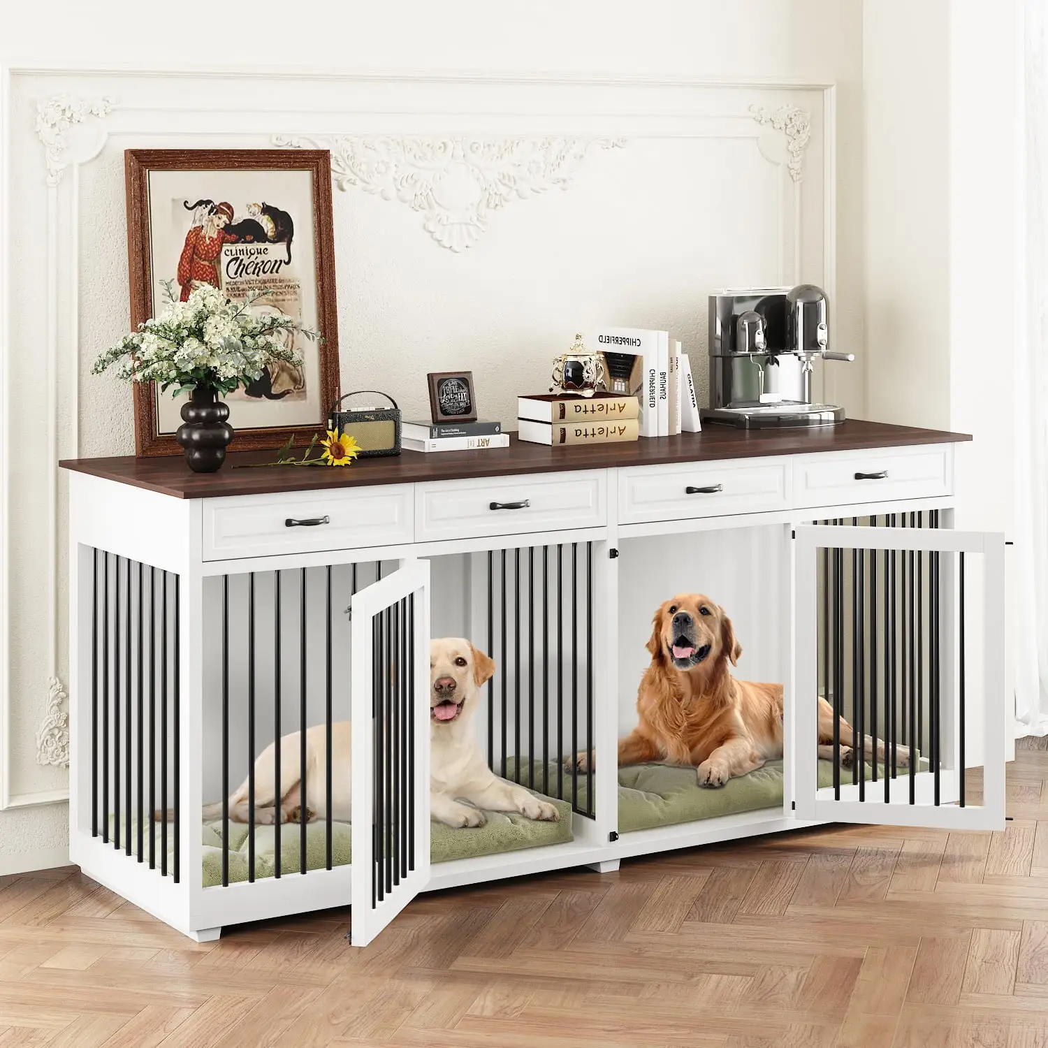 NARTRU 86.6 Large Double Dog Crate Furniture. XXL Wooden Dog Crate Kennel Furniture with Divider and 4 Drawers. Dog Crates Furniture for 2 Large Dogs Indoor. White+Walnut Tabletop