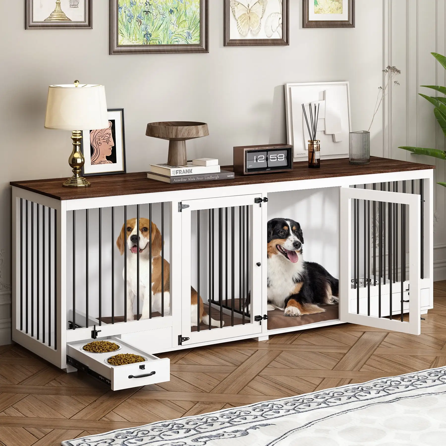 NARTRU 86.6 Large Double Dog Crate Kennel Furniture with 4 Dog Bowls and Divider for Large Dog or 2 Medium Dogs Indoor. White