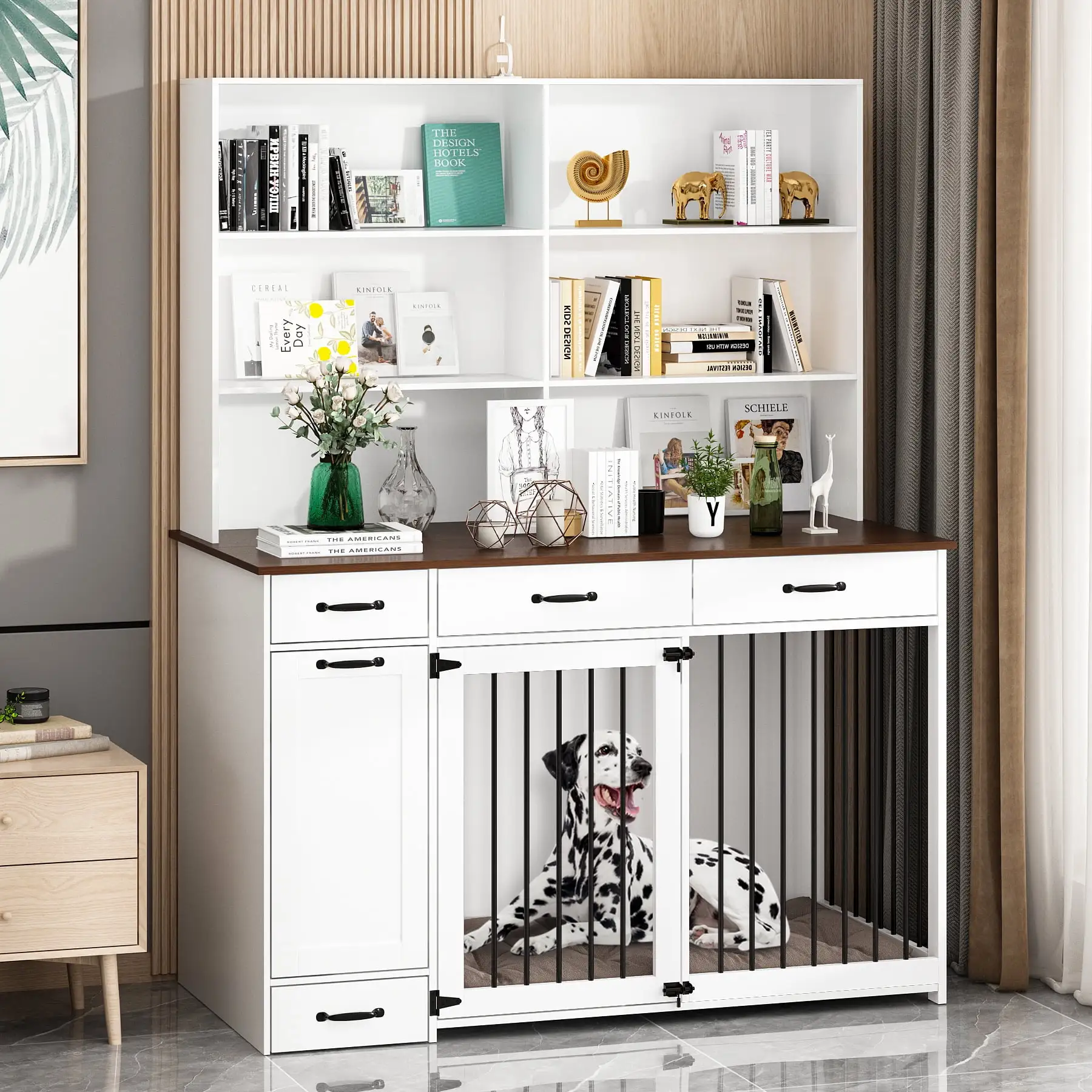 NARTRU Dog Crate Furniture with Storage. Wooden Dog Crate Cabinet with Dog Bowls. Dog Food Storage. Drawers and Shelves for Small. Medium or Large dog. White