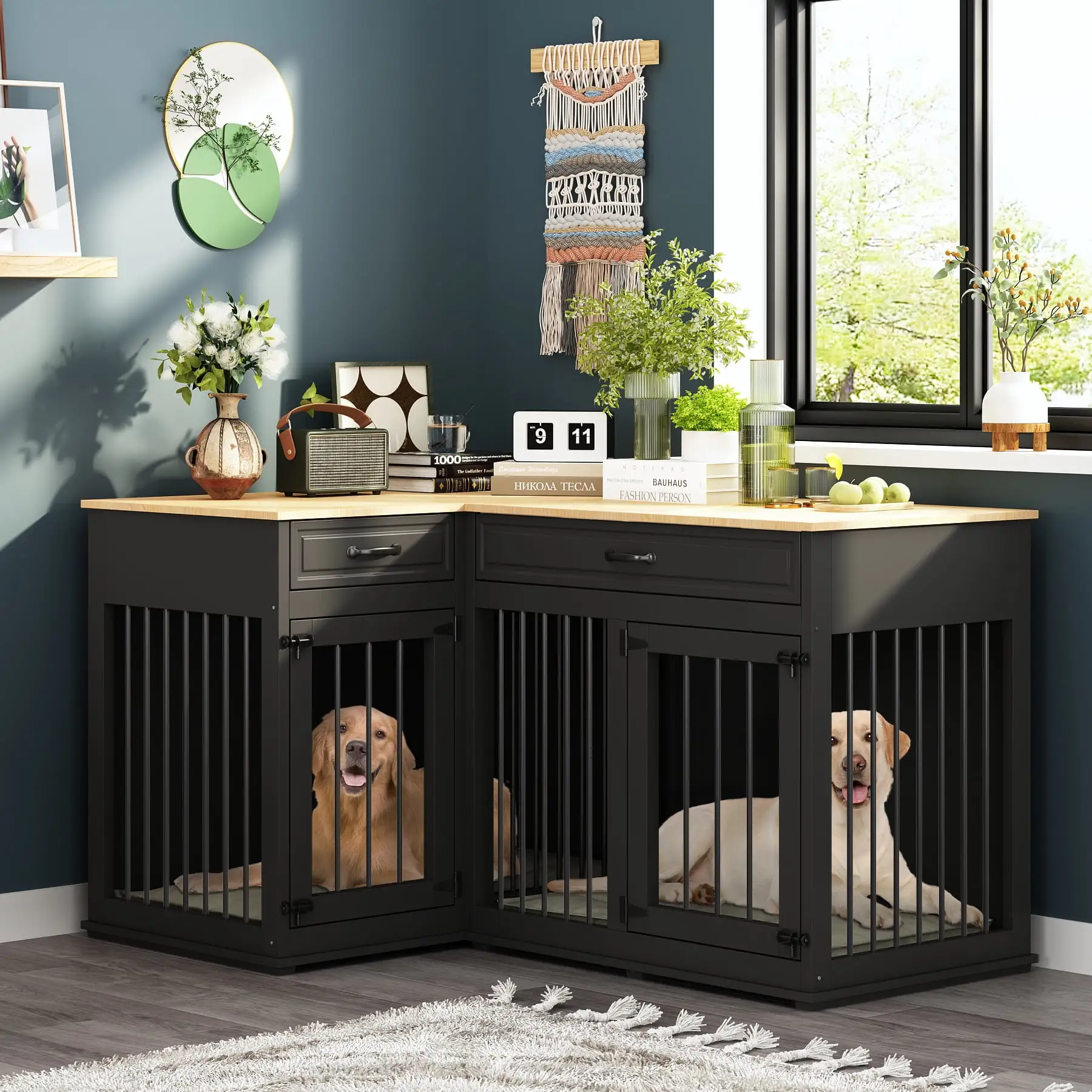 NARTRU Large Corner Dog Crate Furniture. Wooden L Shaped Double Dog Crate Kennel Furniture with 2 Drawers and Divider. XXL Heavty Duty Dog Crates Furniture for 2 Medium or Large Dogs Indoor. Black