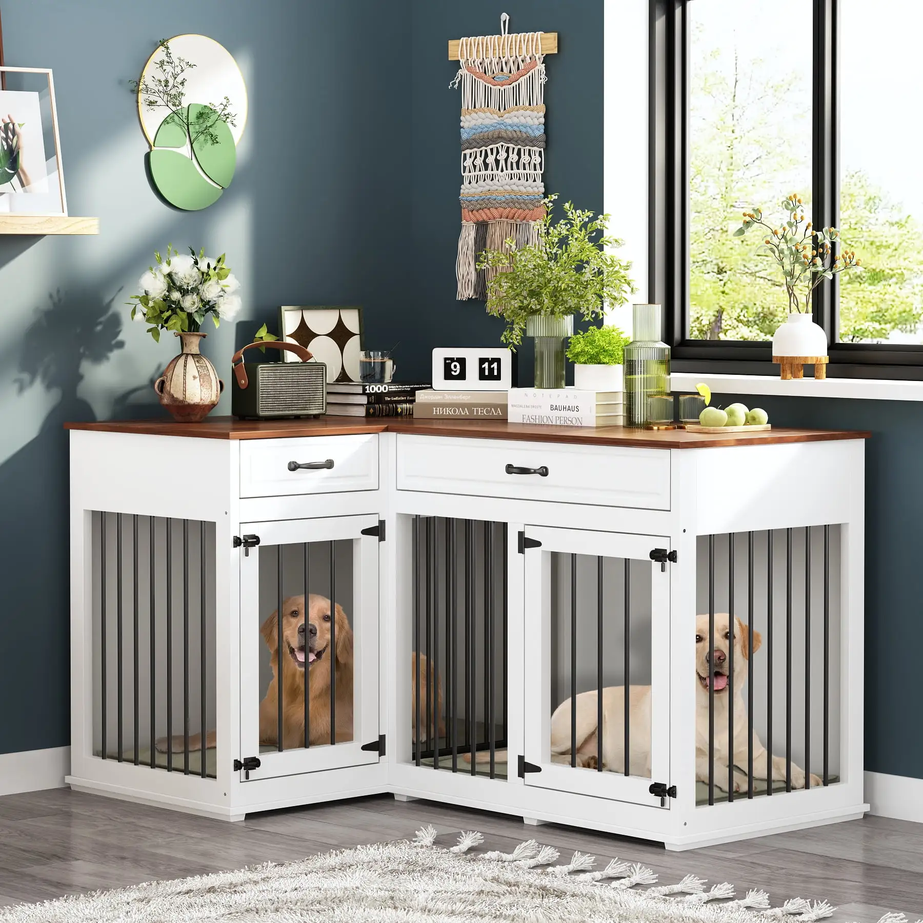 NARTRU Large Corner Dog Crate Furniture. Wooden L Shaped Double Dog Crate Kennel Furniture with 2 Drawers and Divider. XXL Heavty Duty Dog Crates Furniture for 2 Medium or Large Dogs Indoor. White