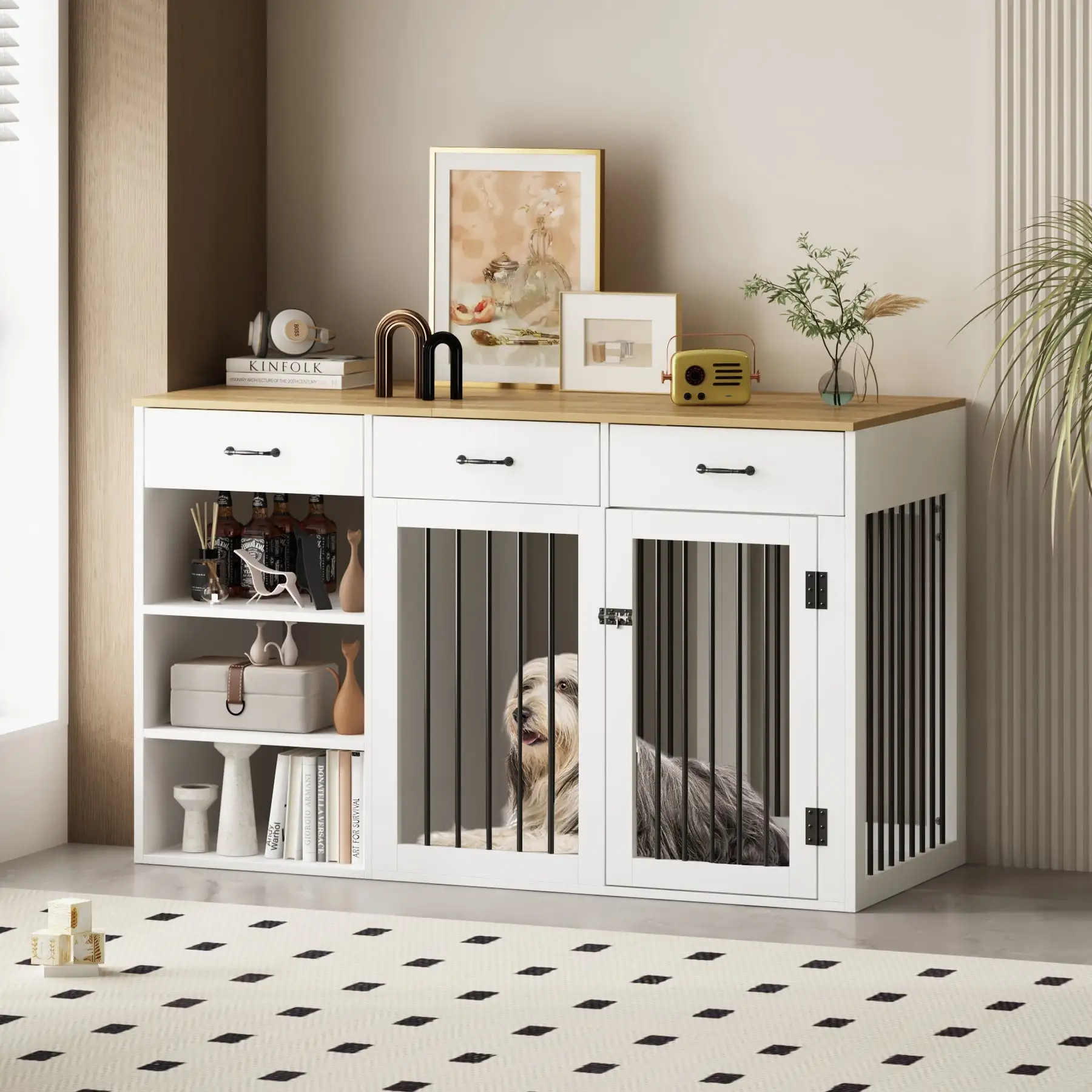 NARTRU Large Dog Crate Furniture. 55.1 Inch Wooden Dog Kennel Furniture with 3 Drawers and Shelves for Small Medium Large Dog. White