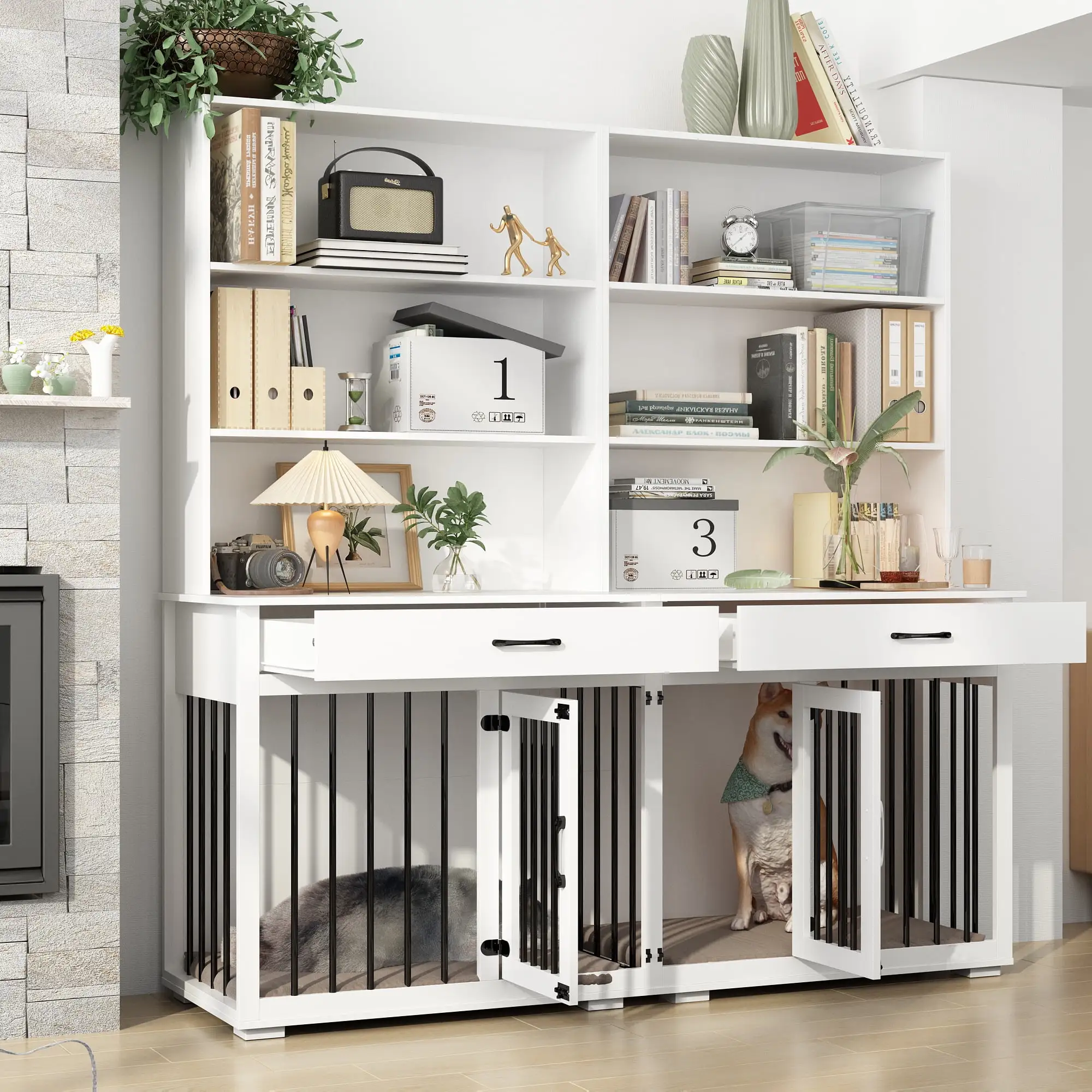 NARTRU Large Dog Crate Furniture Cabinet with Divider. 2 Drawers and 6 Shelves for 2 Small or Medium Dog. White