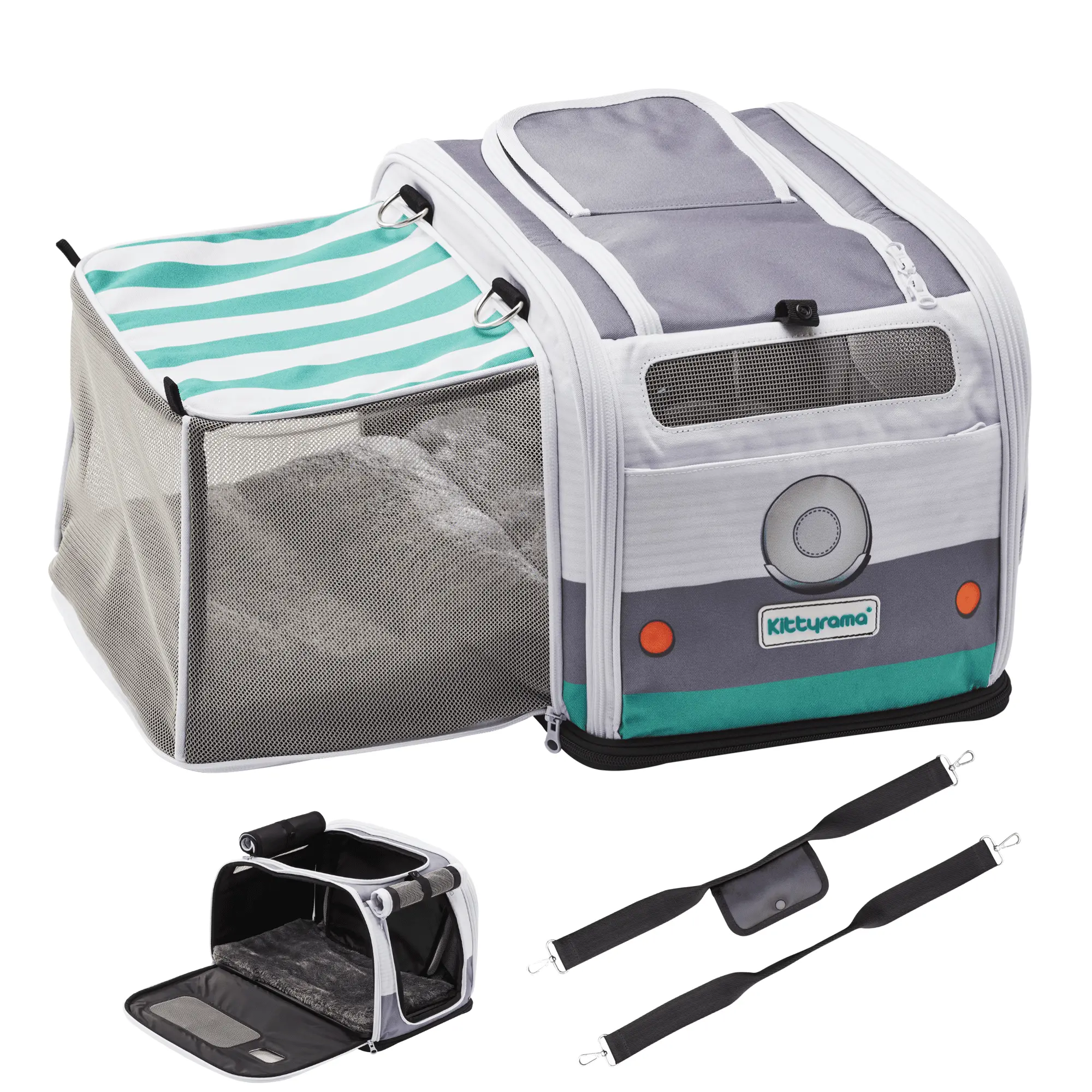 NEW Kittyrama Slate Cruiser 2 in 1 Caravan Cat Carrier & Hideaway. Vet Approved. 4 Entry Points. Extendable. Airline Approved. Easy to Clean. Foldable Soft Sided Cat Transport Bag