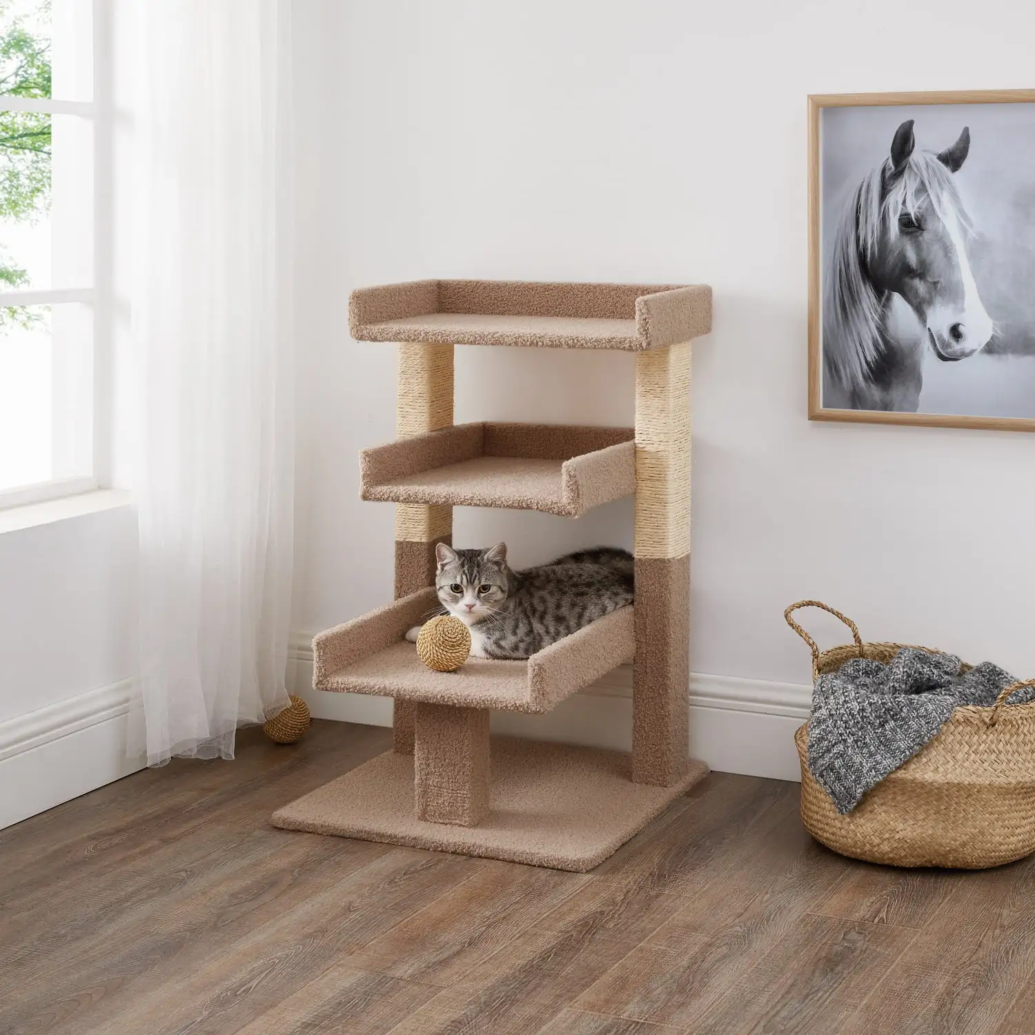 Naomi Home Cat Tree for Indoor Cats. Multi-level Cat Furniture with Condo Kitten Tower Kitty Stand Play House-Color: Beige