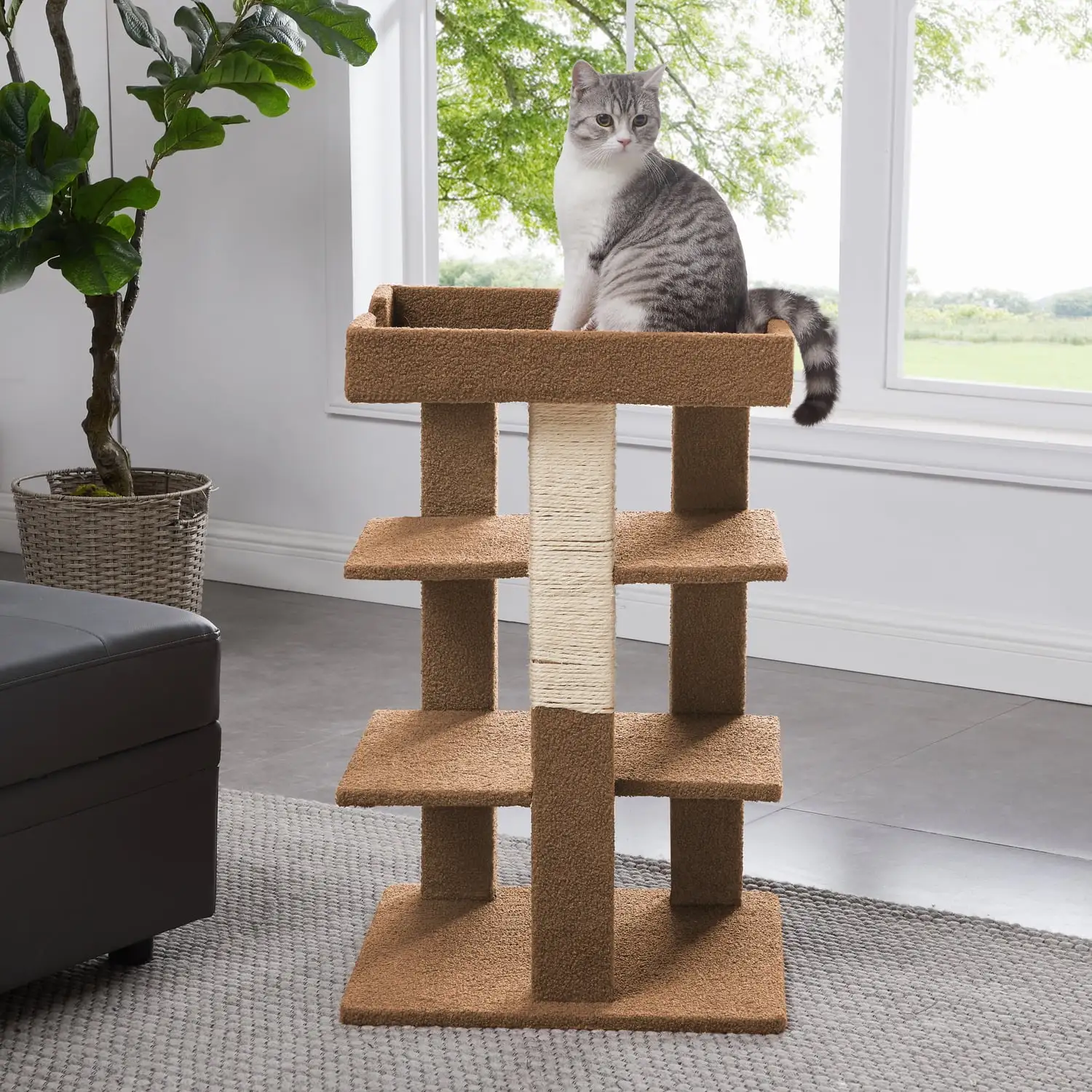 Naomi Home Multi-Level Cat Scratch Tower Wooden Furniture. Cat Home for Large. Small. Little Cats-Color: Beige