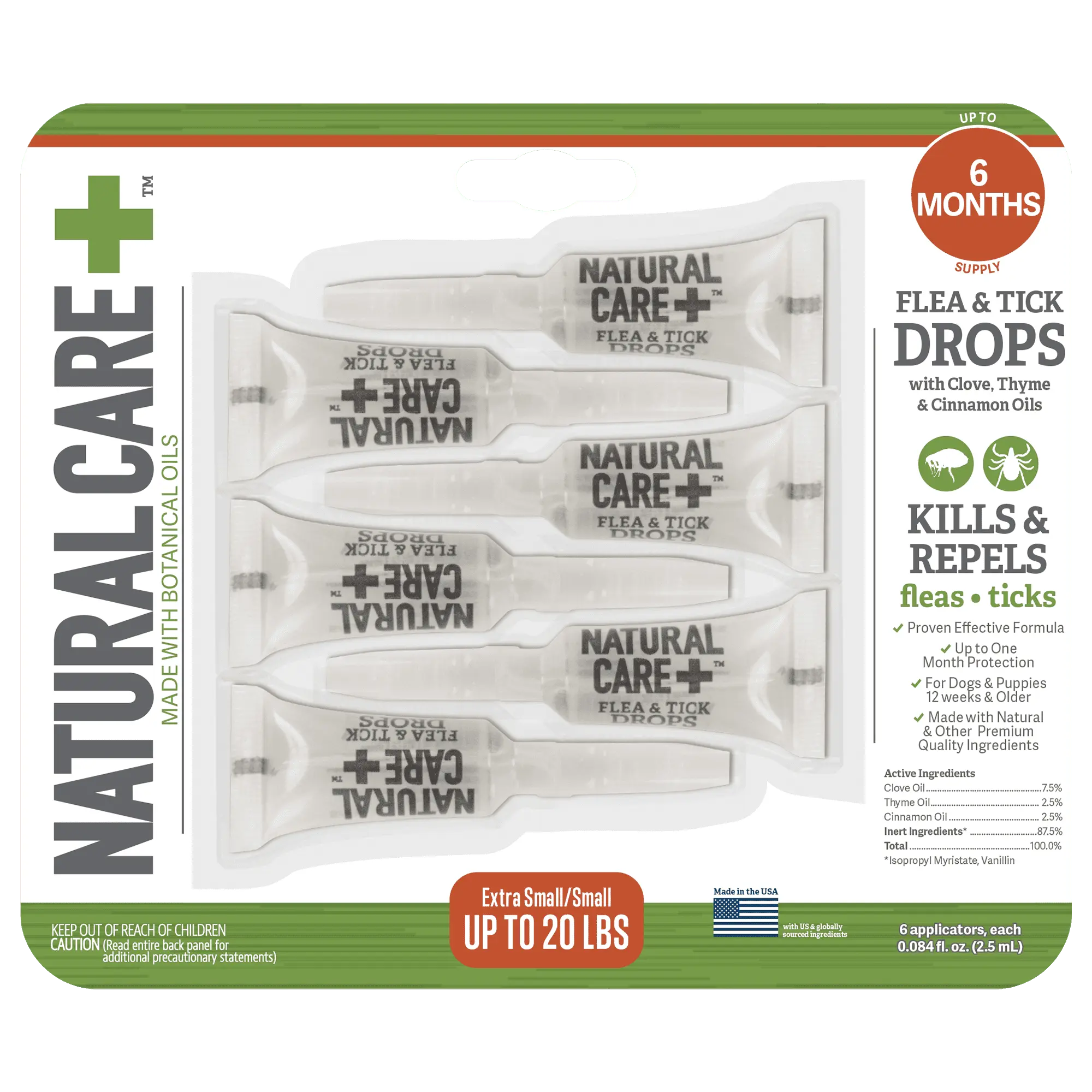 Natural Care Flea and Tick Drops XS/S (up to 20lbs) Spot-on. Squeeze-on. Topical Treatment for Dogs