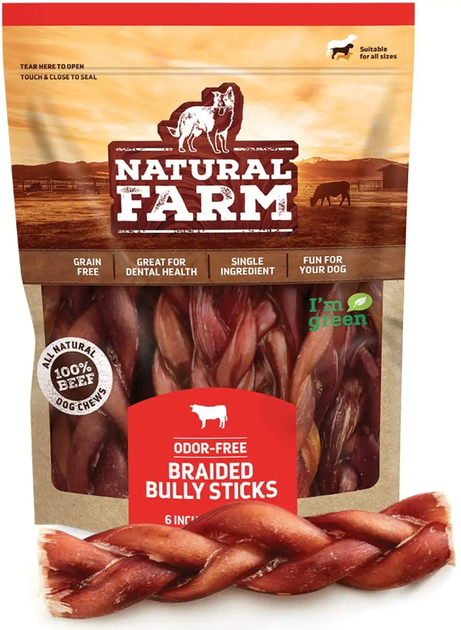 Natural Farm Braided Bully Sticks for Dogs. Odor-Free. 6 Inches. 5 Pack