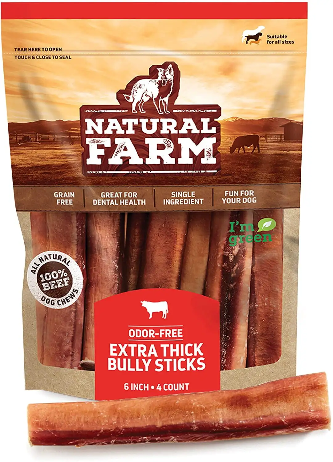 Natural Farm Bully Sticks for Dogs. Extra Thick. 6 Inches. 4 Pack