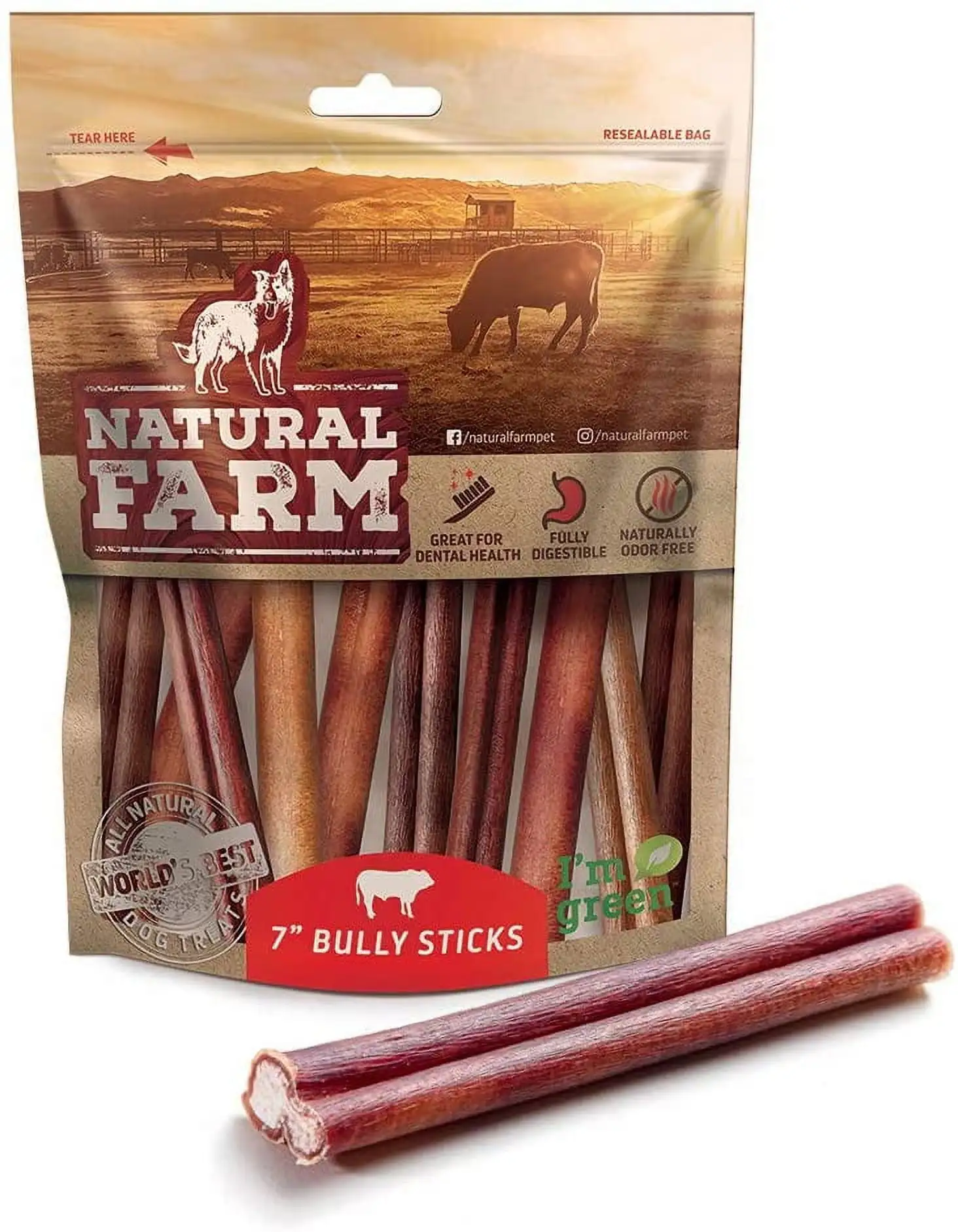 Natural Farm Bully Sticks for Dogs. Odor-Free. 7 Inches. 10 Pack