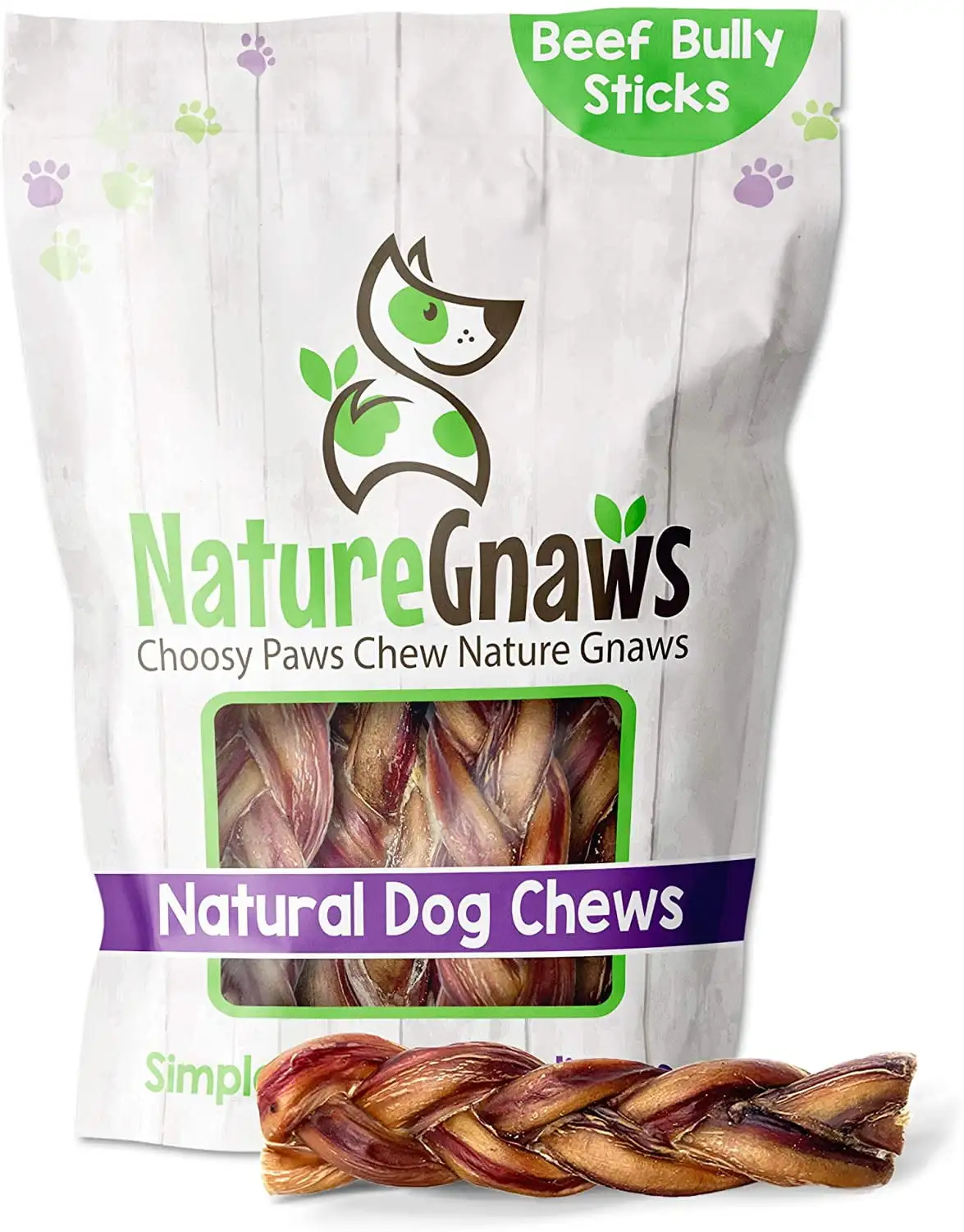 Nature Gnaws Natural Braided Beef Bully Sticks for Dogs 5-6 (3 Count) Rawhide-Free Pet Chew Treats