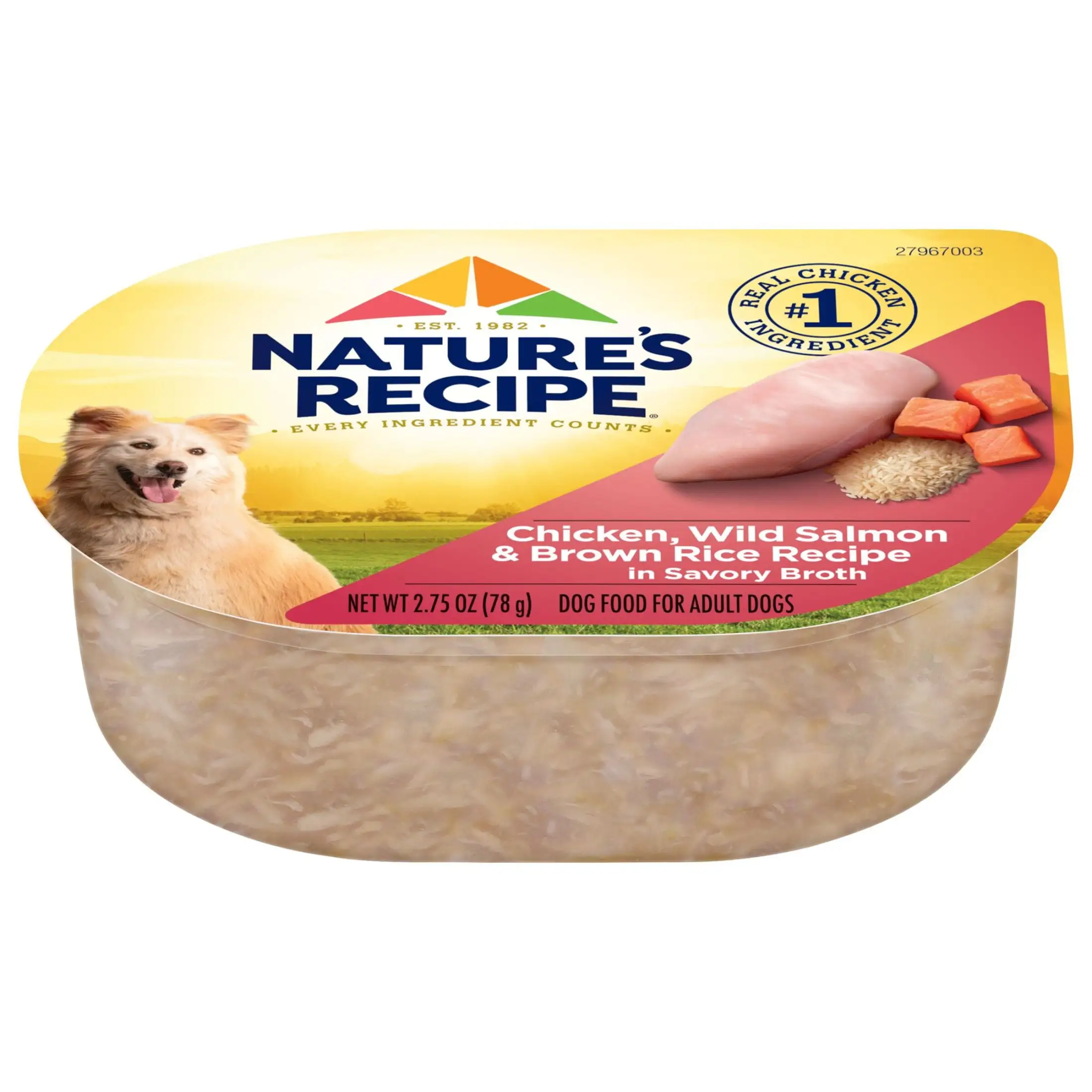 Nature's Recipe Chicken. Wild Salmon & Brown Rice Recipe in Savory Broth Wet Dog Food. 2.75 oz. Cup. 12 Count