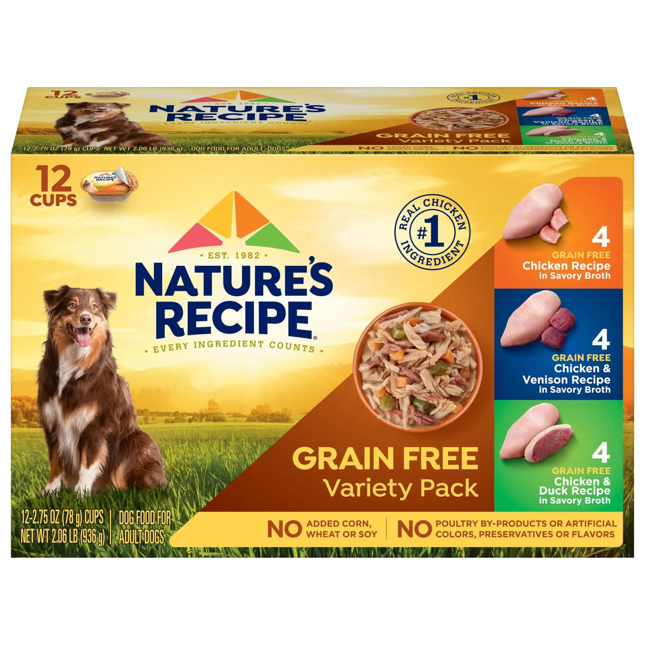 Nature's Recipe Grain Free Chicken Recipe. Chicken & Venison Recipe and Chicken & Duck Recipe in Savory Broth Variety Pack Wet Dog Food. 2.75 oz. Cup. 12 Count