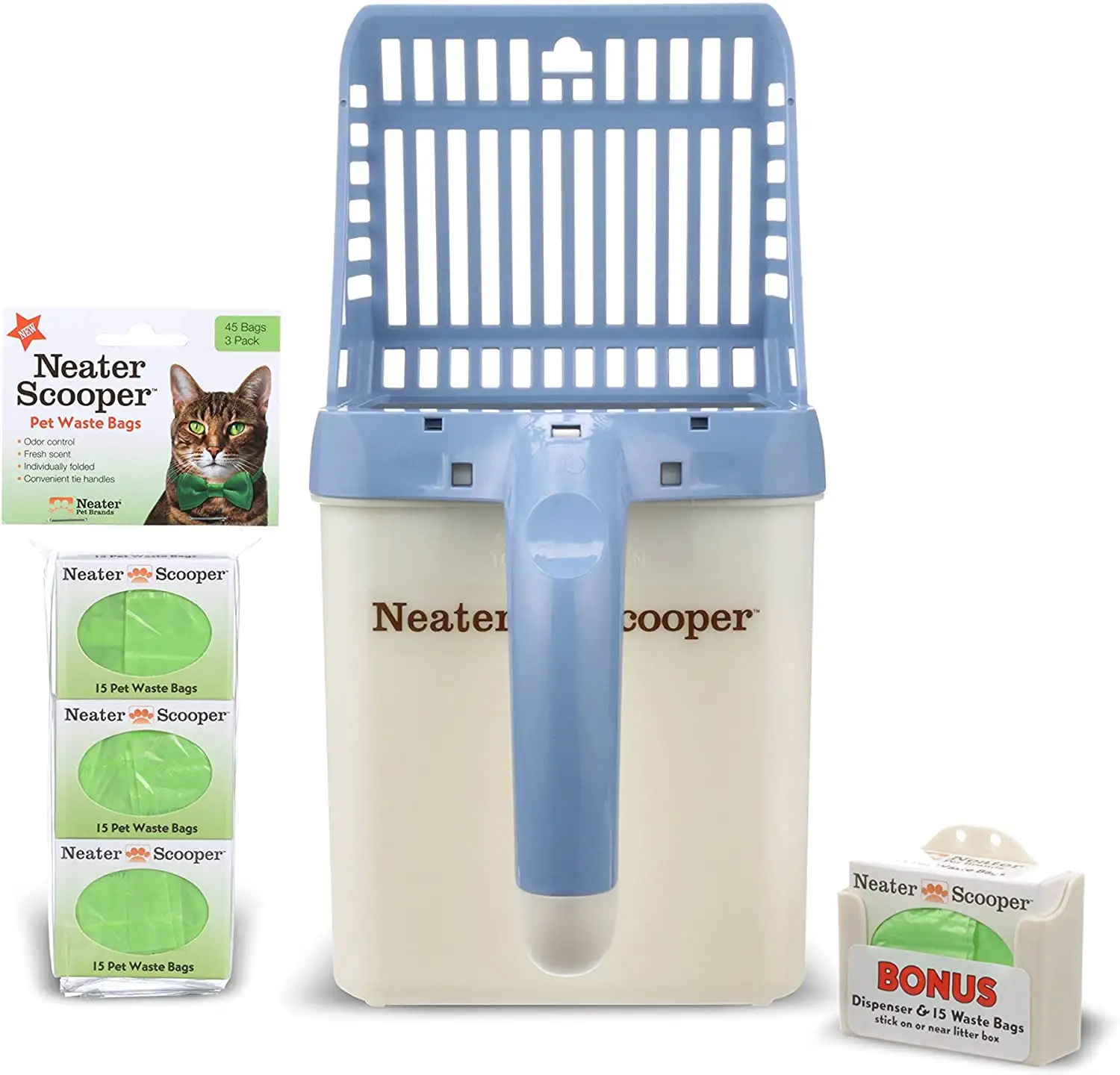 Neater Pets Neater Scooper Mess-Free Cat Litter Scoop with Waste Bin. 60 Refill Bags. Blue