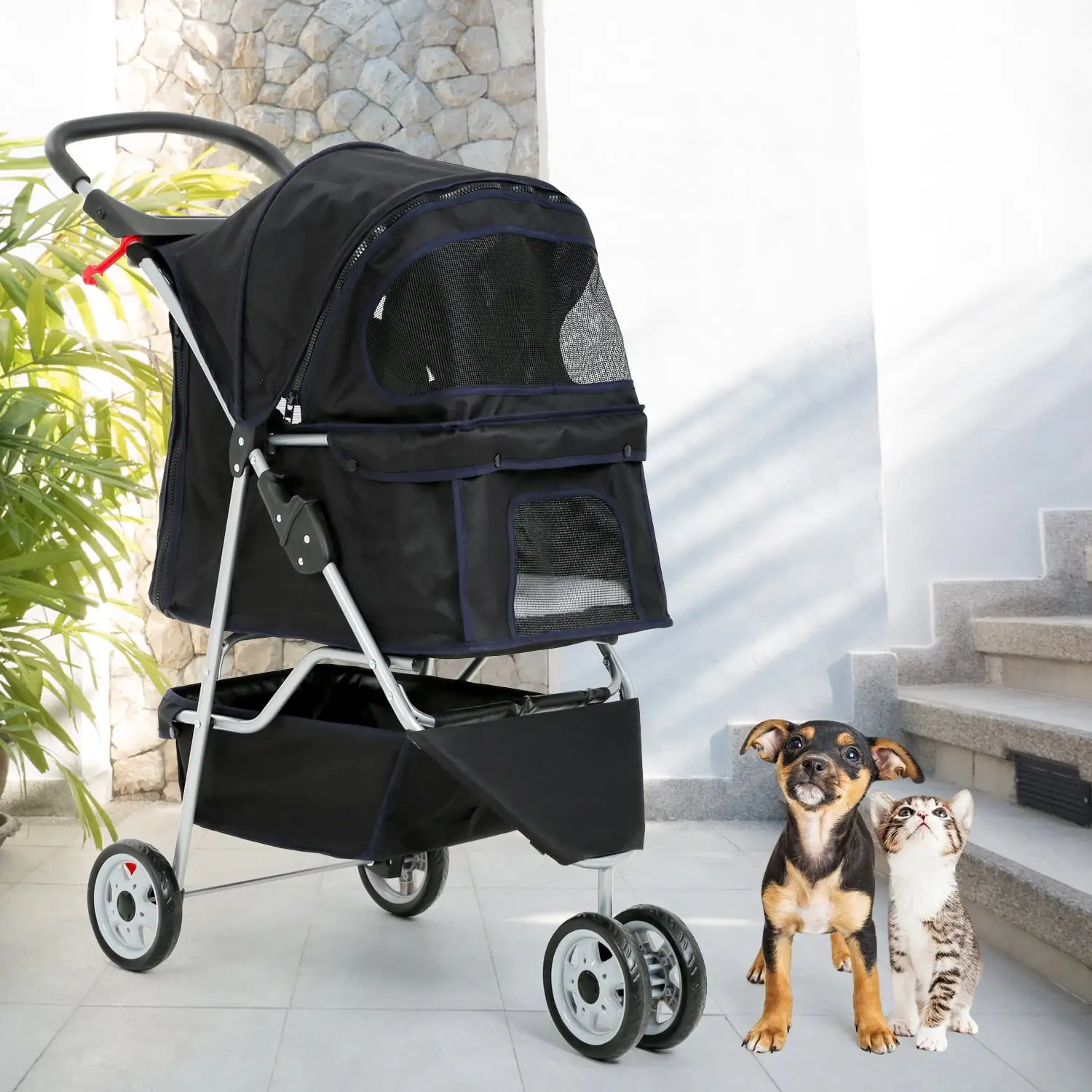 NiamVelo 3 Wheels Pet Stroller Dog Cat Stroller Travel Folding Carrier with Cup Holder & Storage Basket. Black