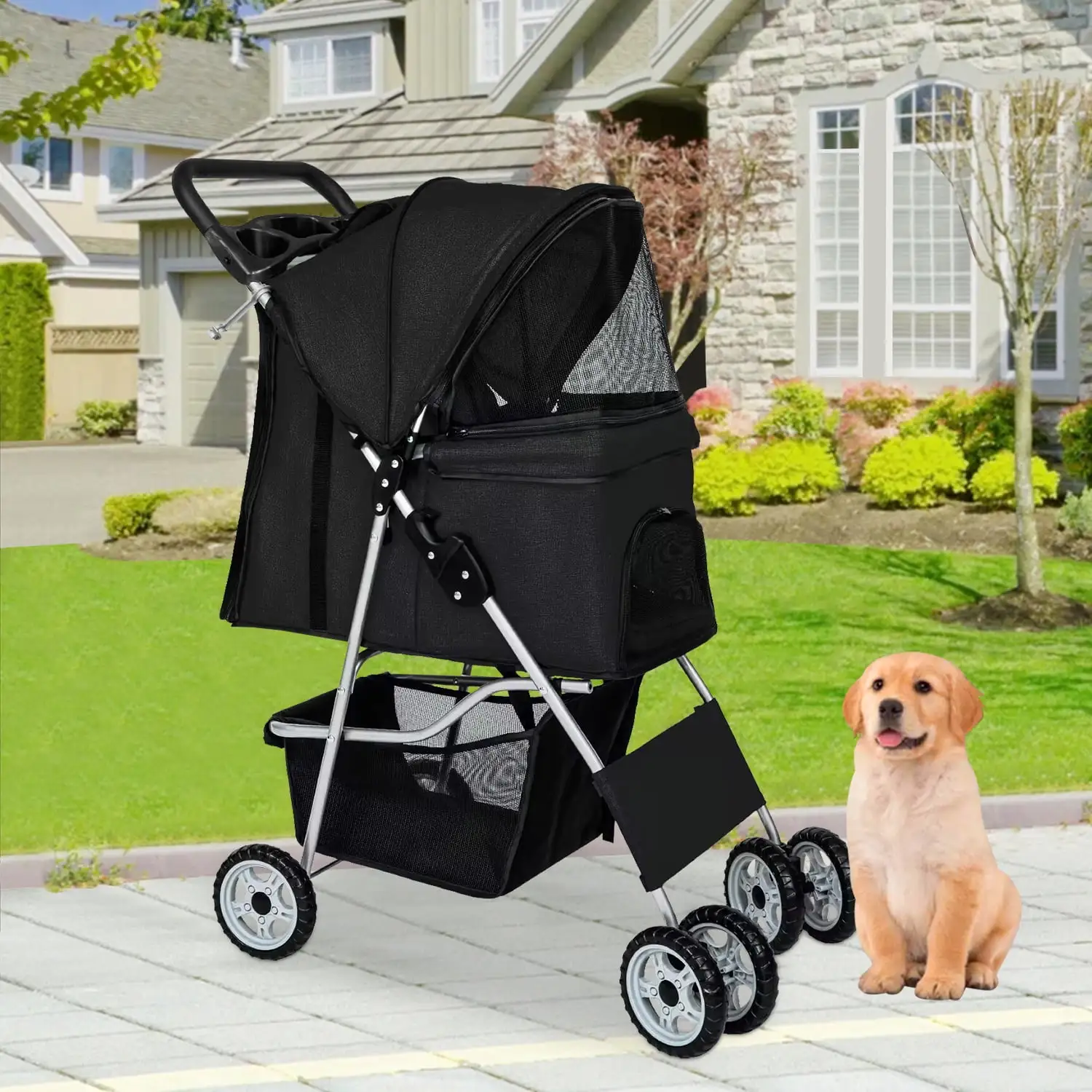 NiamVelo 4 Wheels Dog Stroller Foldable Pet Stroller Dog Cat Jogger Stroller Folding Lightweight Travel Stroller with Cup Holders& Storage Basket for Small Medium Dogs. Black