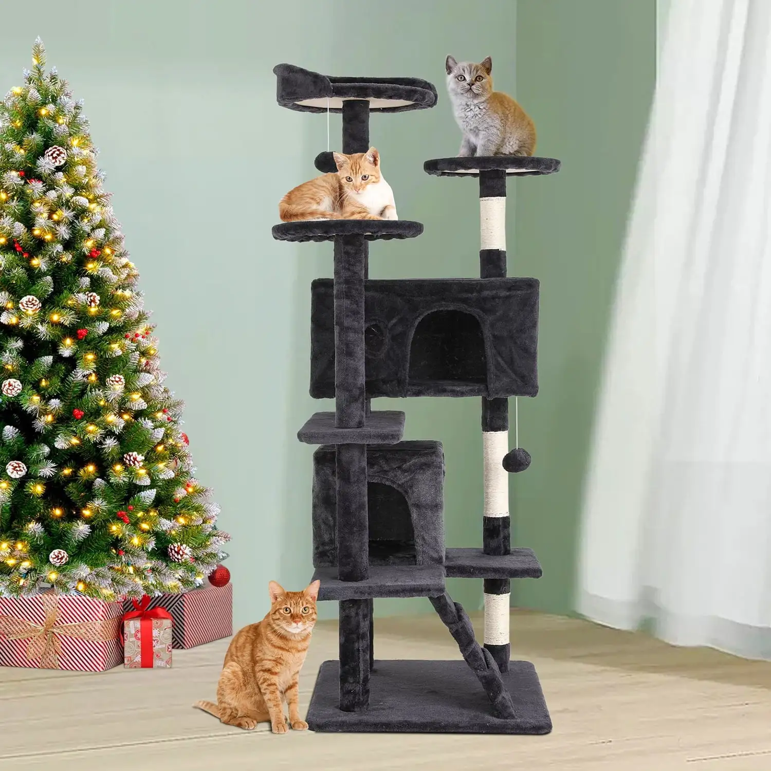 NiamVelo 54-in Double Condo Cat Tree Tower Playhouse with Scratching Post for Indoor. Dark Gray