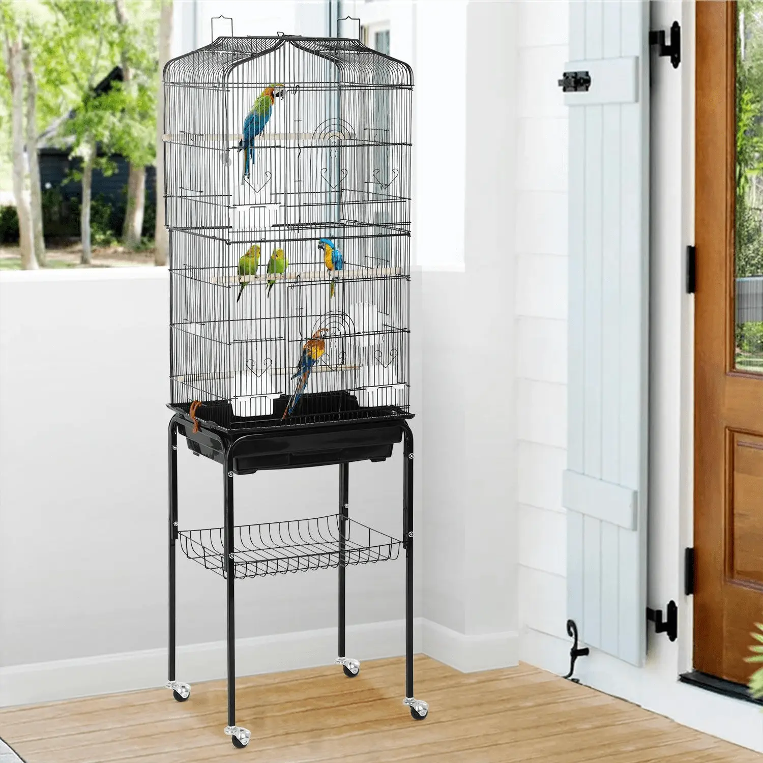 NiamVelo 64-inch Metal Bird Cage with Rolling Stand & Bottom Tray. Pet Storage Shelf Parrot Cage with Open Play Top for Lovebirds & Parakeets. Black