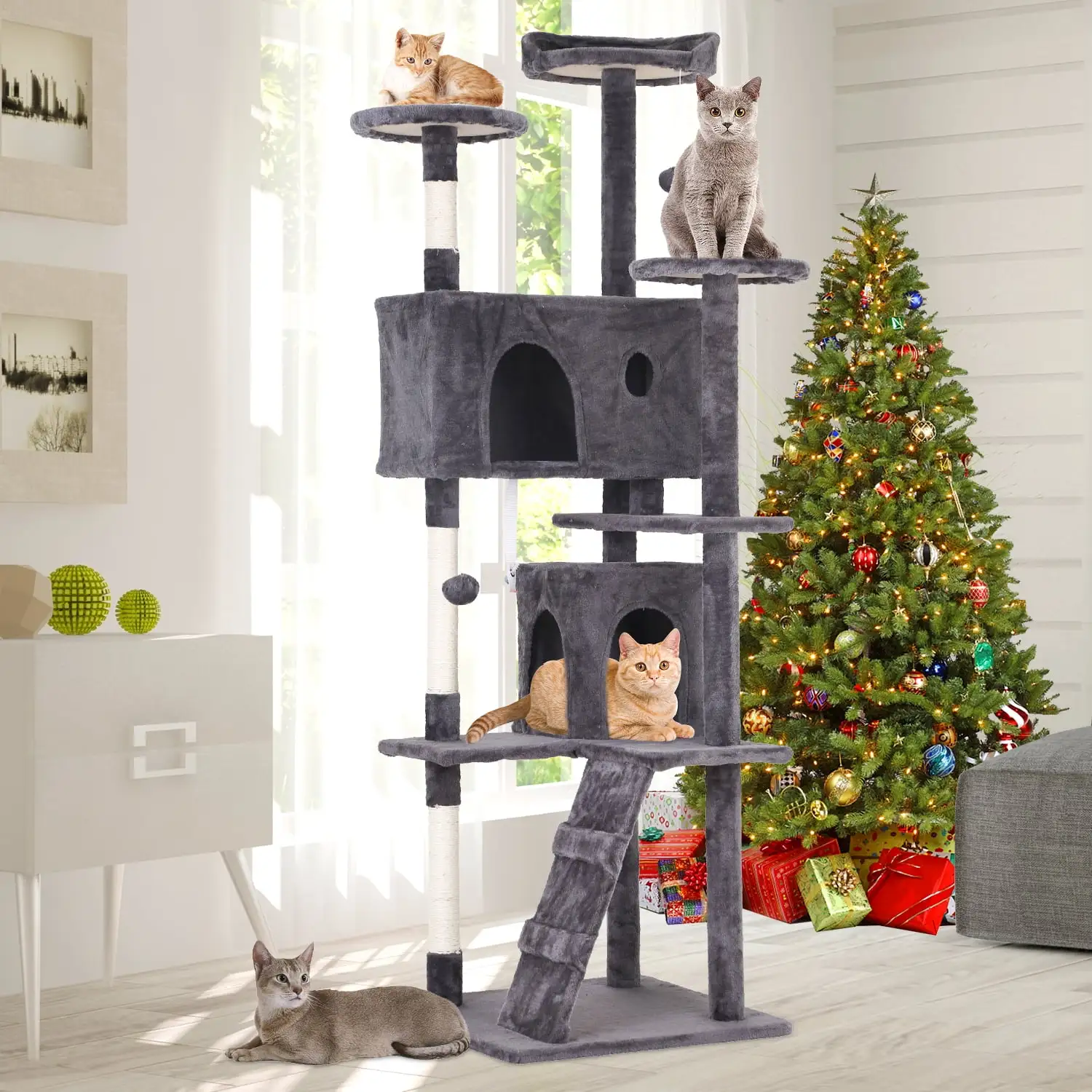 NiamVelo 70-in Cat Tree Tower Furniture Cat Condo with Scratching Post for Indoor Cats. Light Gray