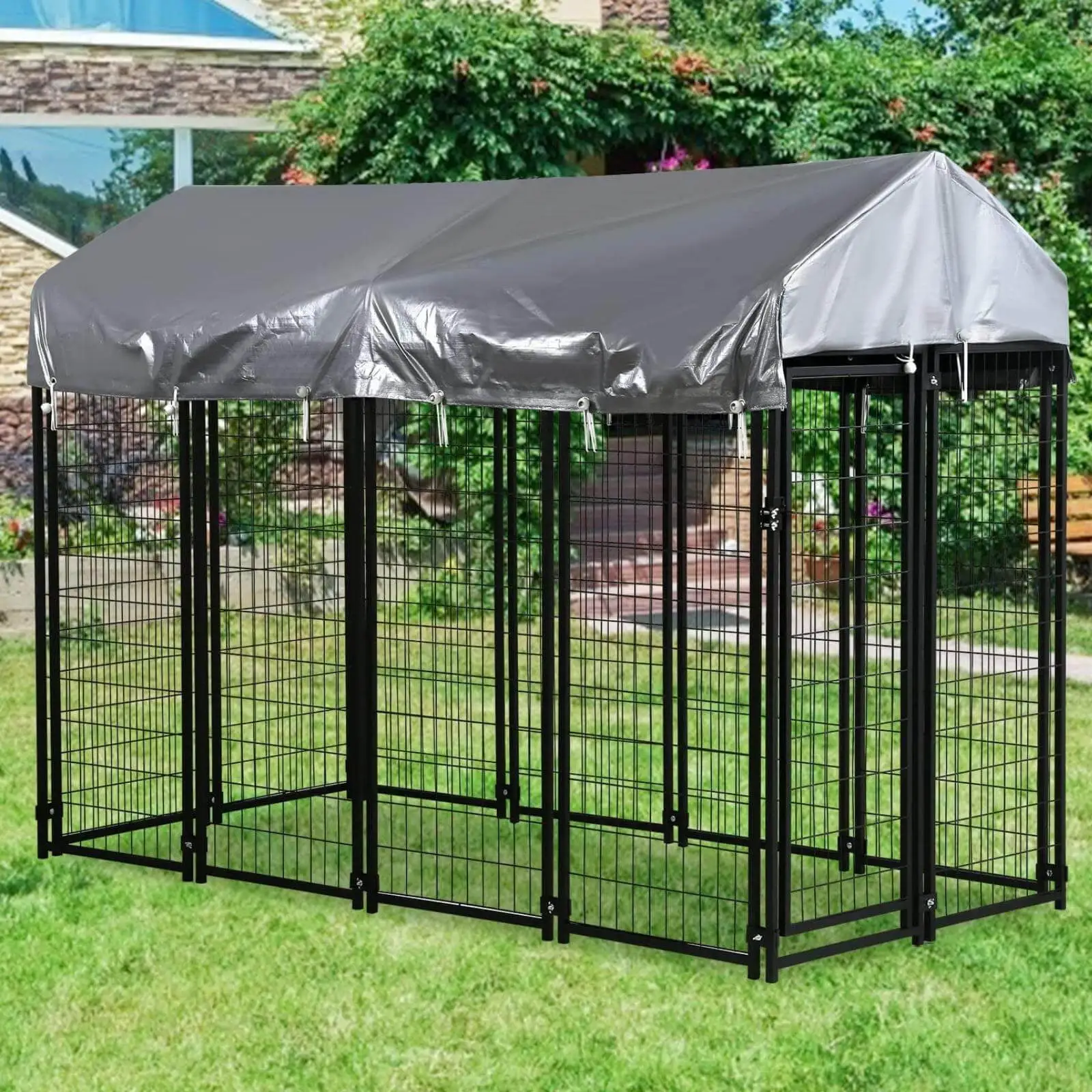 NiamVelo 8'x4'x6' Large Dog Kennel Heavy Duty Playpen Welded Dog Cage with Water-Resistant Cover. Outdoor Dog Fence Crate for Backyard. Black