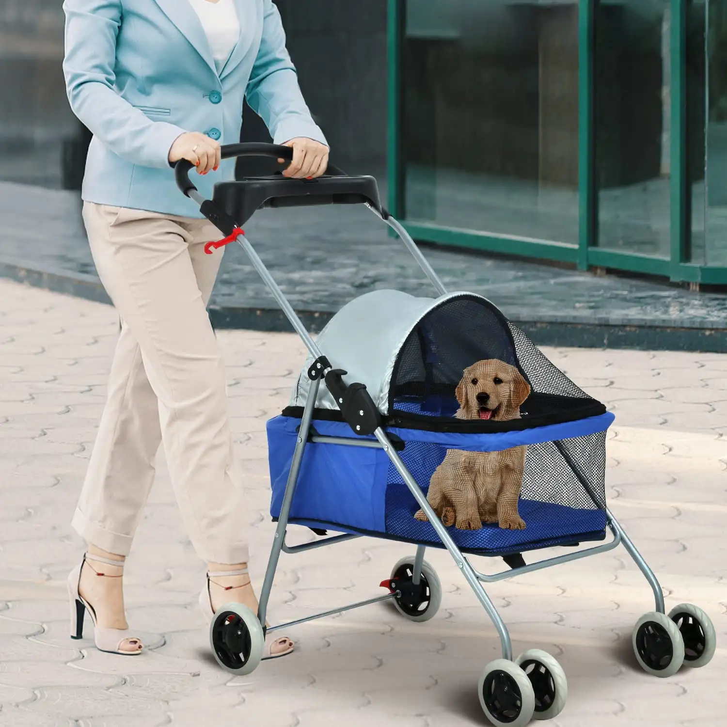 NiamVelo Dog Stroller Folding Pet Cat Stroller with 4 Wheels Portable Doggy Stroller with Cup Holders. Blue