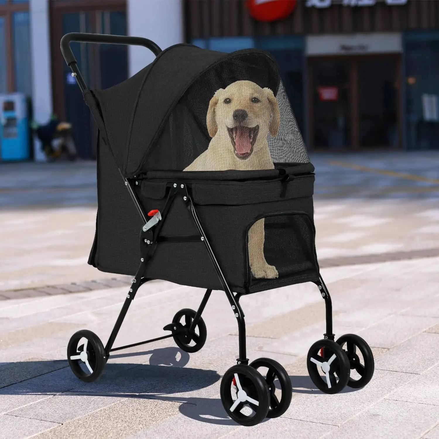 NiamVelo Folding Pet Dog Stroller 4 Wheels Cat stroller with Large Door Curtain Ventilate Mesh for Travelling Walking. Black