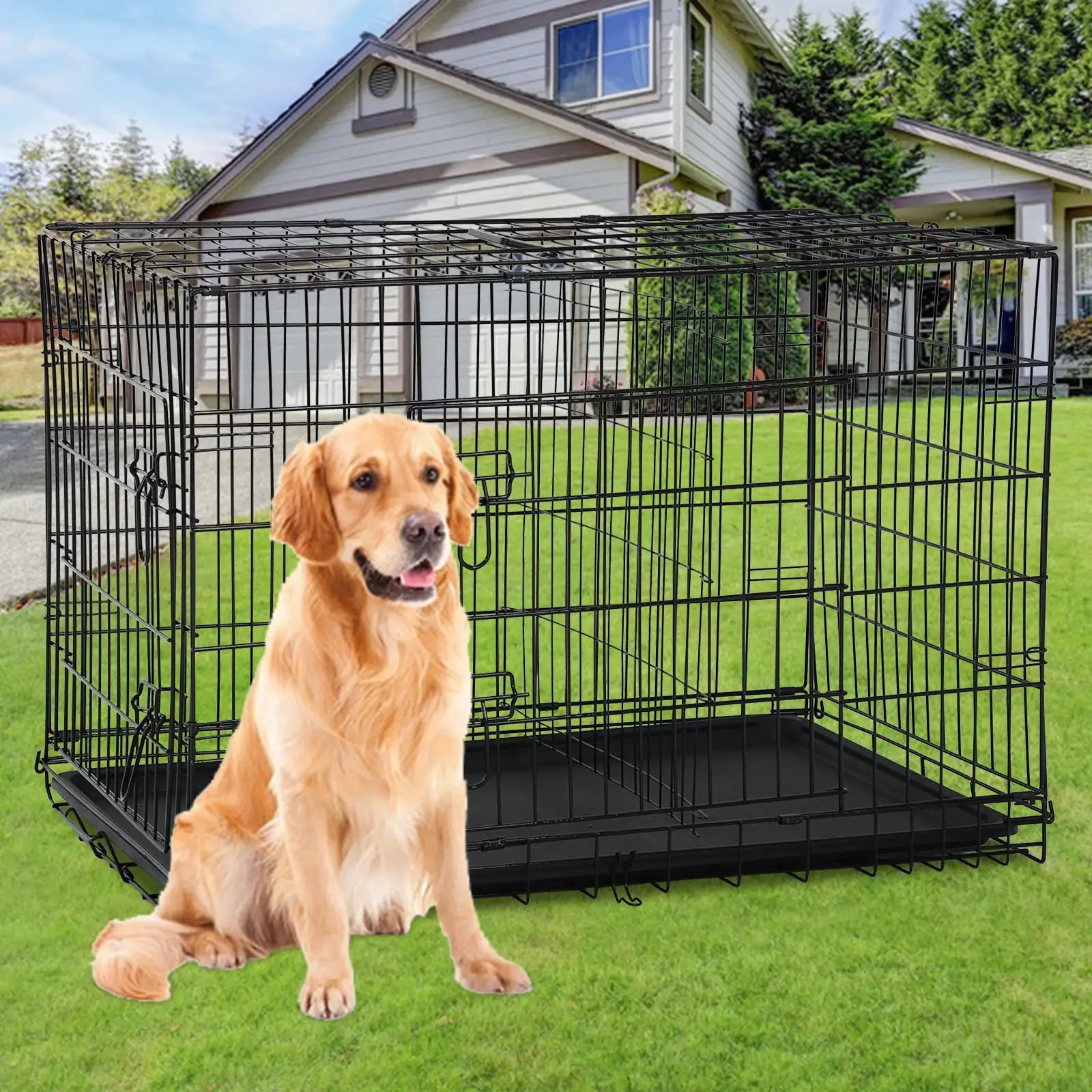 NiamVelo Heavy Duty Dog Crate Dog Cage 42'' Extra Large Dog Crate Kennel for Large Dogs. Folding Metal Dog Crate W/Divider & Tray Double Doors . Black