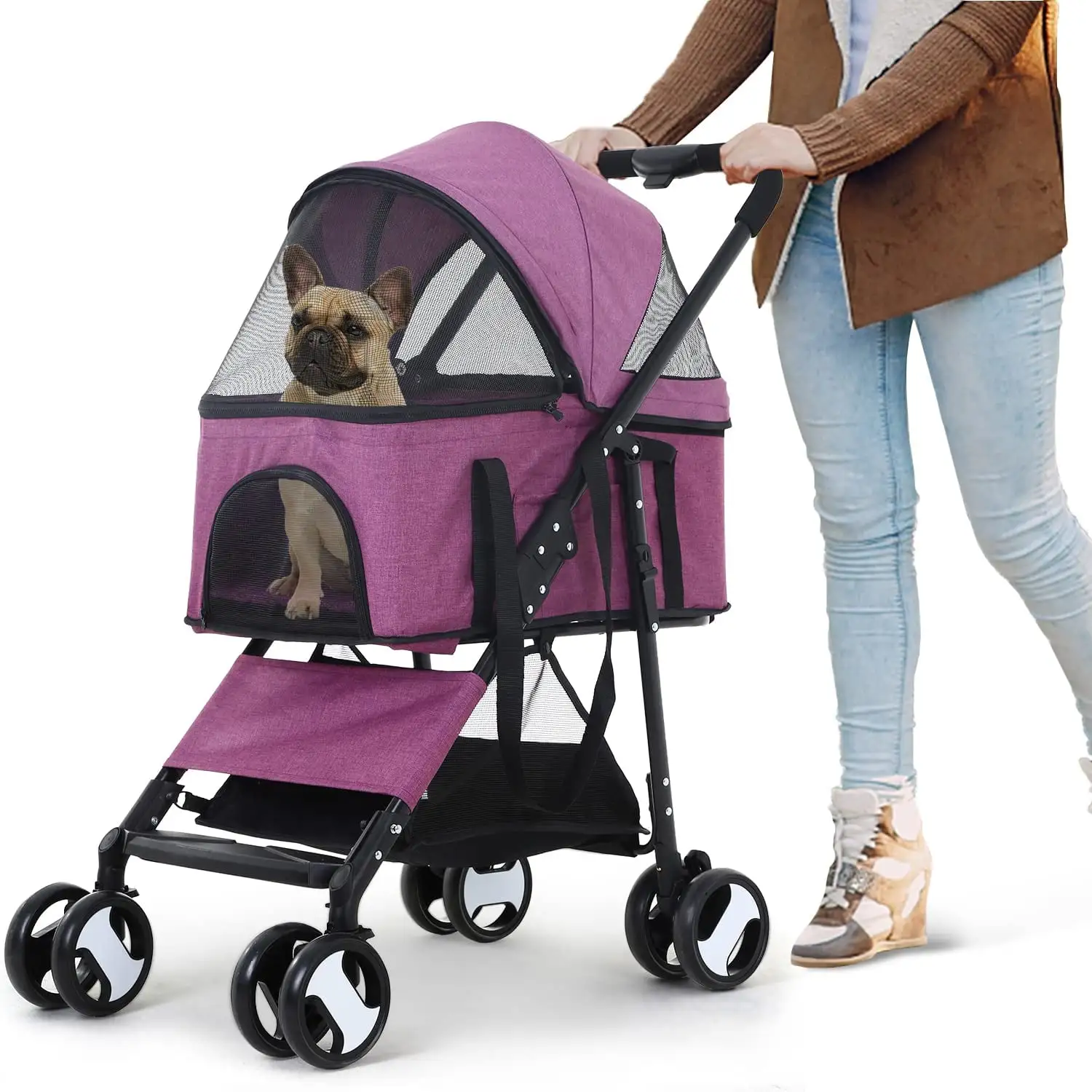 NiamVelo Pet Stroller 3-in-1 Detachable Dog Stroller with 4 Wheels Foldable Dog Travel Cart Cat Walker for Doggy Rabbit. Purple